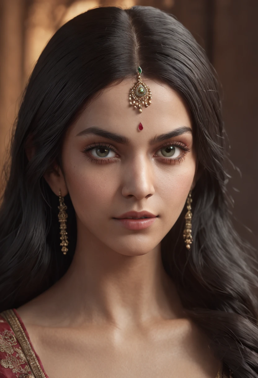 Portrait of a beautiful female 1700s,  perfect detailed face, detailed symmetric circular iris, long hair, black hair, realistic, greem eyes, stunning realistic photograph Indian character, 3d render, octane render, intricately detailed, cinematic lighting, Centered hyper detailed cover photo, awesome full color, hand drawn, dark, gothic, gritty, 12k, high definition, cinematic, neoprene, behance contest winner, portrait featured on unsplash, stylized digital art, anime art style, smooth, ultra high definition, 8k, unreal engine 5, ultra sharp focus, intricate artwork masterpiece, ominous, epic, TanvirTamim, trending on artstation, highly detailed, vibrant