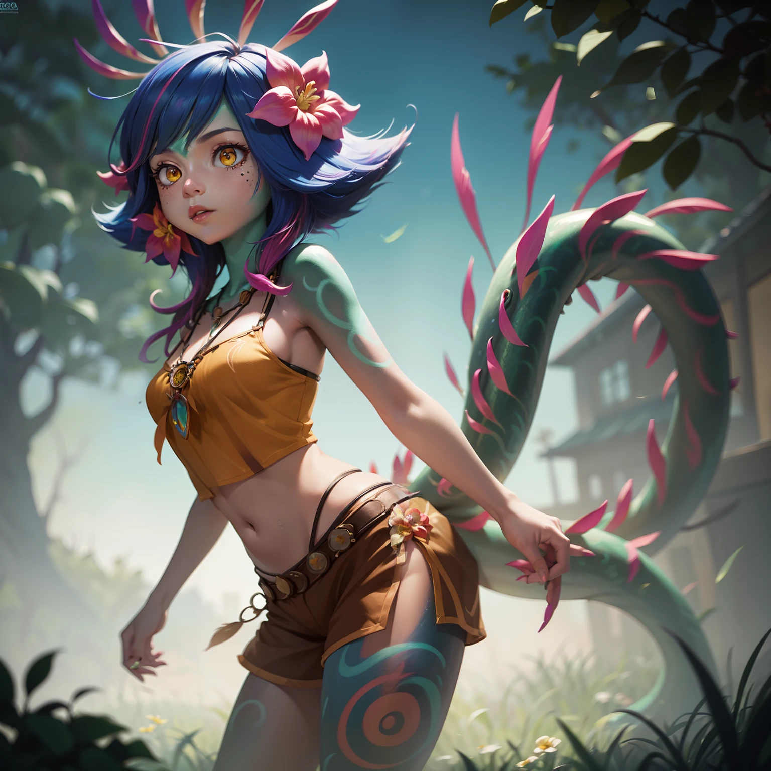 best illustration, illustration, vibrant colors, masterpiece, best quality, absurdities, 1girl, beautiful face, detailed eyes, looking at the viewer, contrapposto, sexy, full body, neeko, facial marks, hair ornaments, hair flower, necklace, lizard tail, multicolored skin, body painting, walking in public, with shame, red with shame, panting, smiling, in public, waving to strangers, teasing strangers, (( micro-bikini black)), walking on the street, in public, wearing black micro-bikini, black bikini, surrounded by people, confused, ((topless))