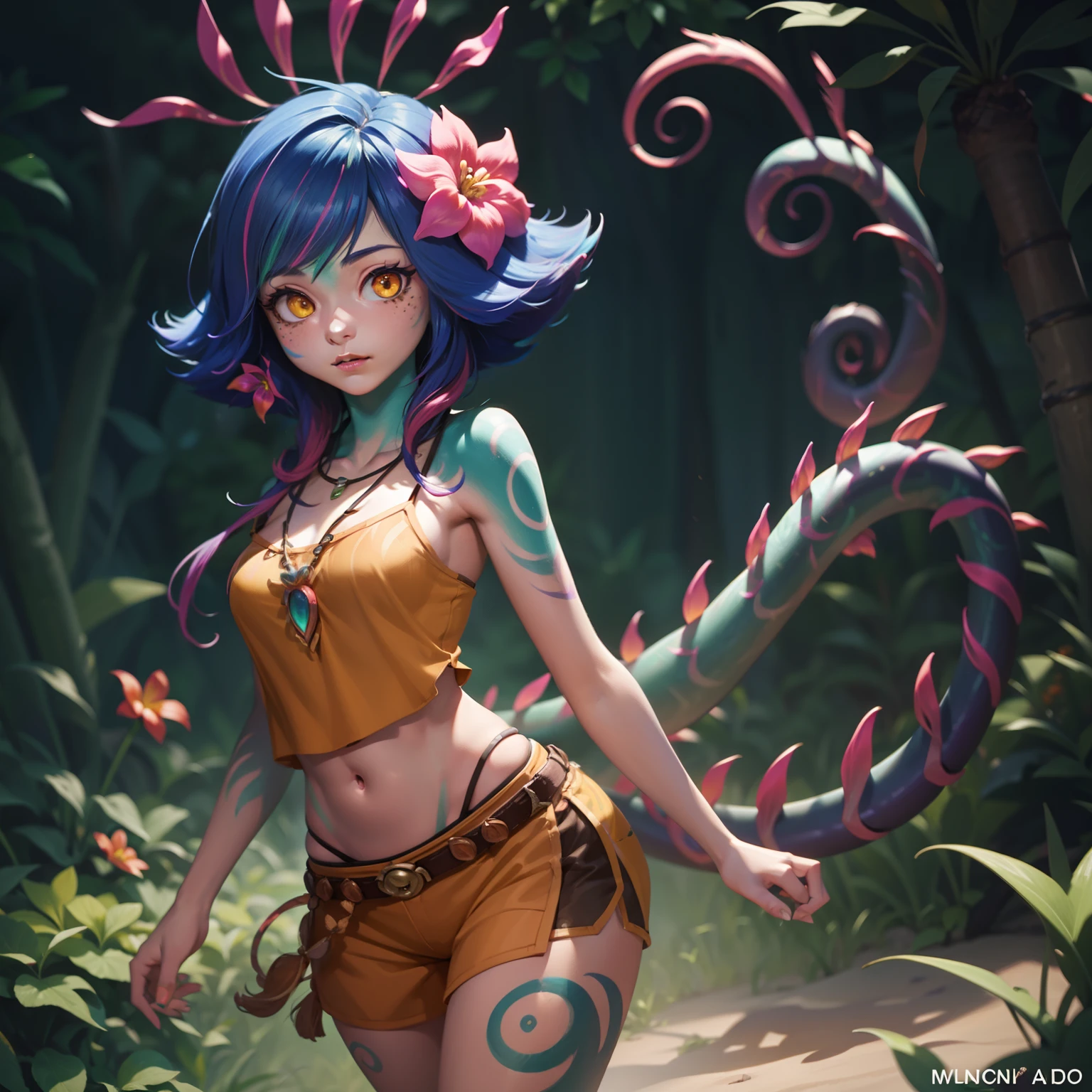 Neeko, 1girl, facial marks, hair ornaments, hair flower, necklace, brown shorts, crop top, multicolored skin, lizard tail, body paint, yellow eyes, cowboy shot, perfect anatomy