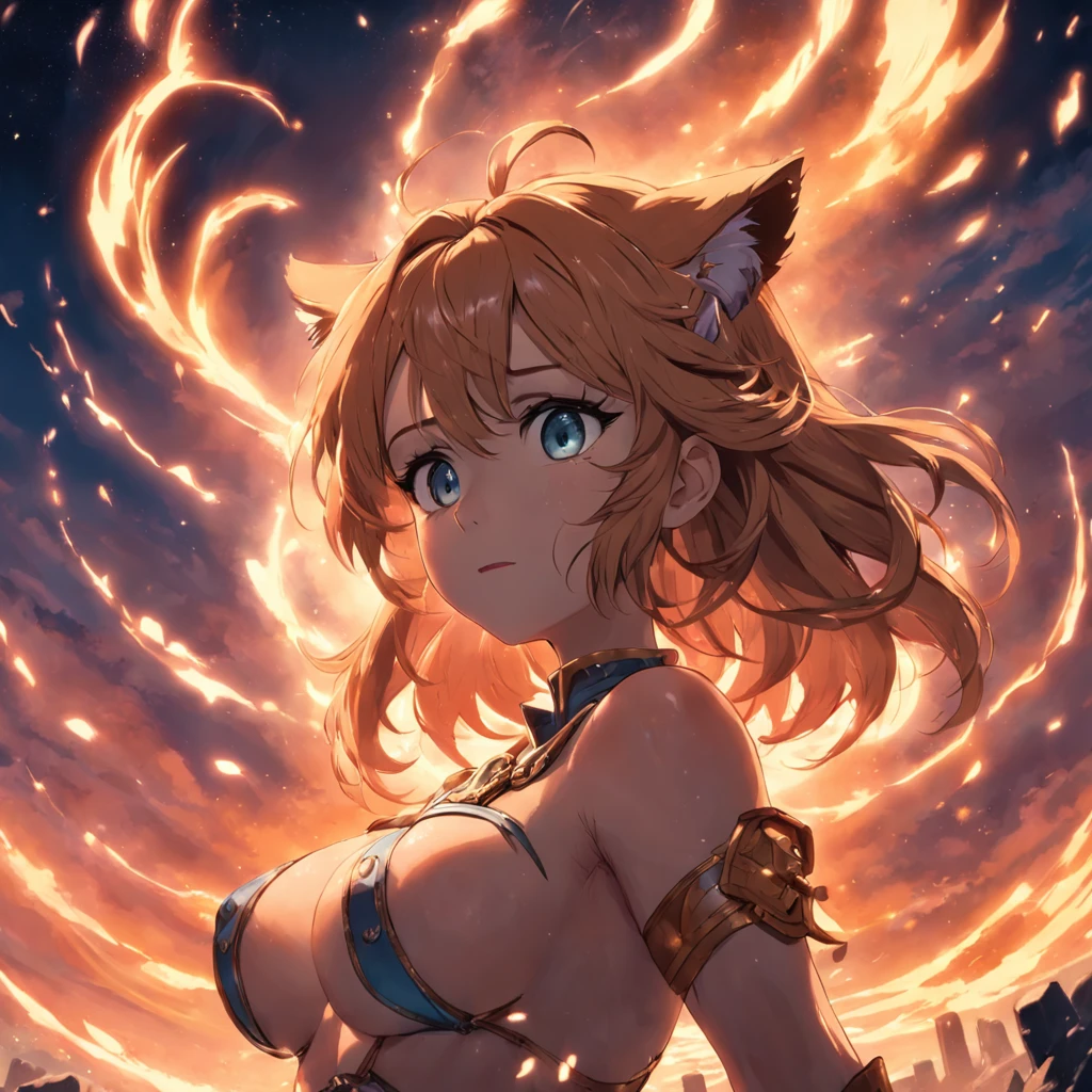 tmasterpiece,best qualtiy,cinematic Film still from,Tiger orcs,Floating in the sky,closeup cleavage,brightly,cheerfulness,Warm and soft lighting,the sunset,(spark of light:0.7),Fireworks bloom
