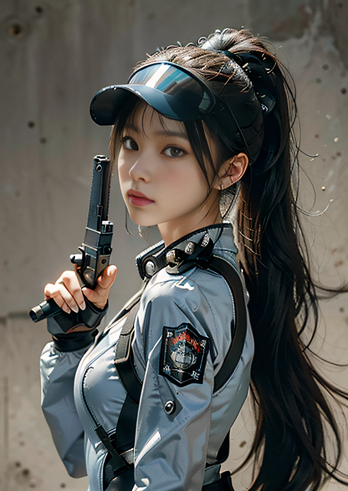 Highest image quality, outstanding details, ultra-high resolution, (realism: 1.4), (portrait, from side view, looking at another), highly condensed 3girls, with a delicate and beautiful face, vigilance, ((holding a machinegun at the ready)), ponytail, captain, (wearing racing suit likes police uniform, black and gray mecha, wearing a visor, military harness, attached grenades, bring a machinegun), background simple grey wall,