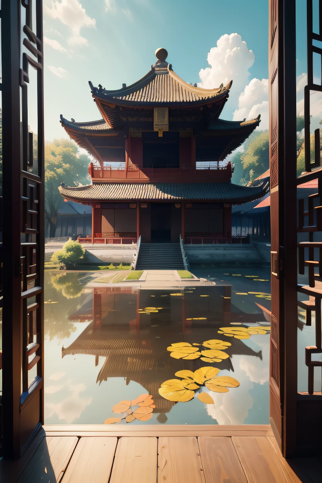 Real-world scenarios， Chinese Afang Palace，autumnal，amarelo，sunshine，ornate decoration，gardens， Wonderland，Exotic beasts， surrounded by cloud，Homem-Imponente，wooden floor，Colorful light， , tmasterpiece, high high quality, Exquisite graphics, high detal，8K， tmasterpiece， best qualtiy， high qulity， high detal， super detailing， A high resolution， hyper HD，Complete and unified，without humans，No animals，Museum of Ancient Chinese Architecture，Exquisite interior，Depth of field effect，