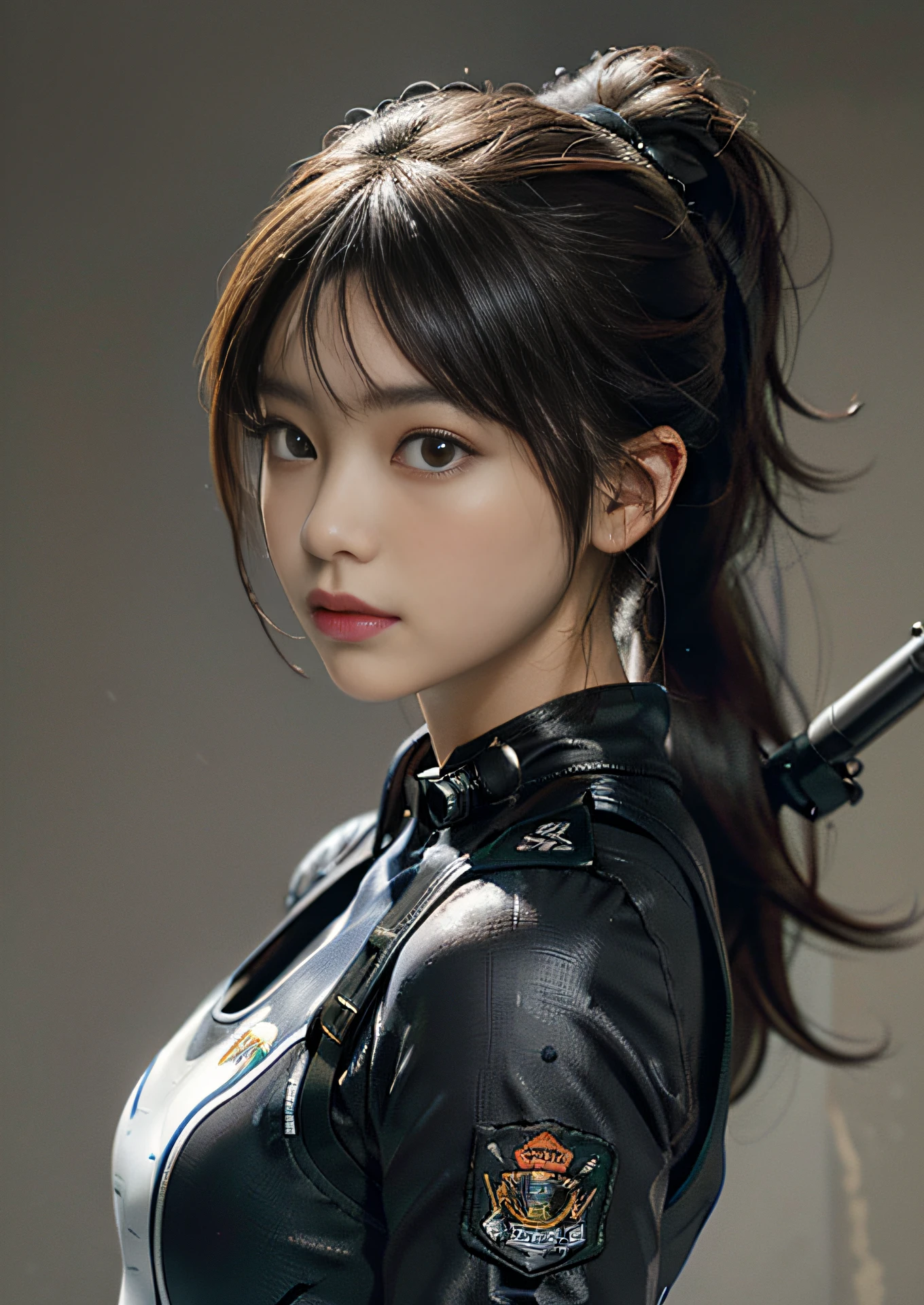 Highest image quality, outstanding details, ultra-high resolution, (realism: 1.4), (portrait, from side view, looking at another), highly condensed 3girls, with a delicate and beautiful face, vigilance, ((holding a machinegun at the ready)), ponytail, captain, (wearing racing suit likes police uniform, black and gray mecha, wearing a visor, military harness, attached grenades, bring a machinegun), background simple grey wall,