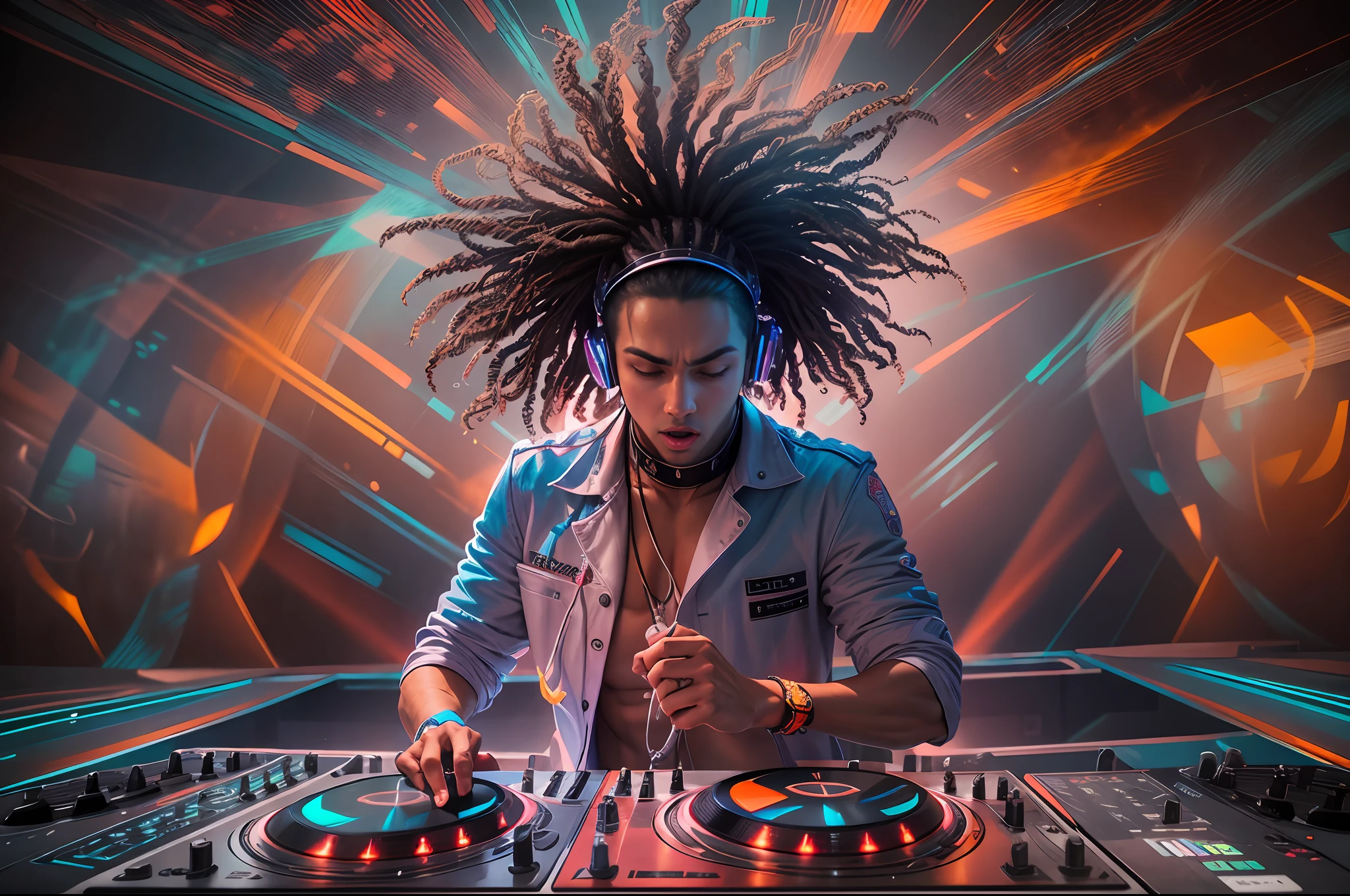 "Vibrant and energetic photograph capturing the dynamic performance, intense lighting, and mesmerizing music of a professional DJ."