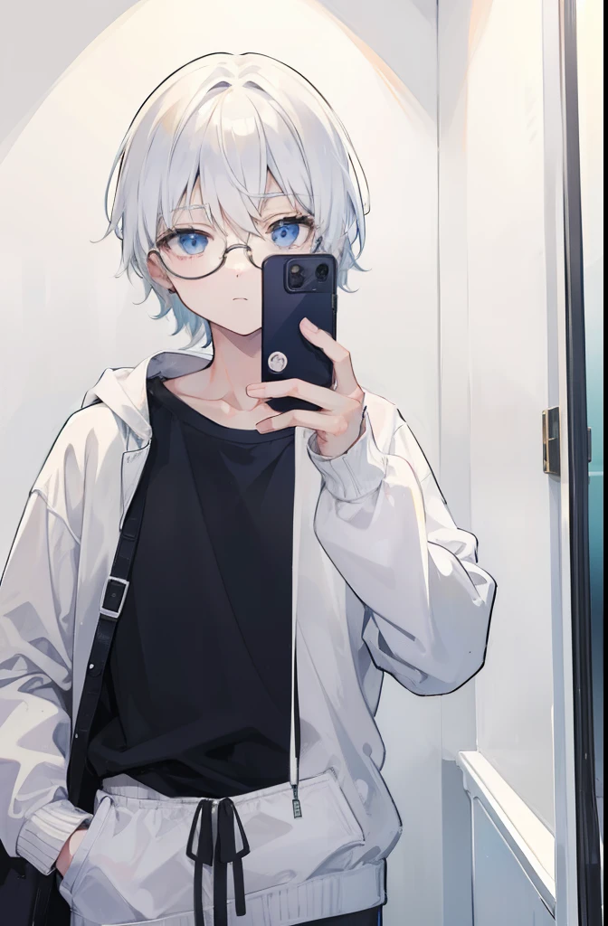 A boy with white hair, taking a picture of himself in a mirror, wearing a sweatshirt and glasses.