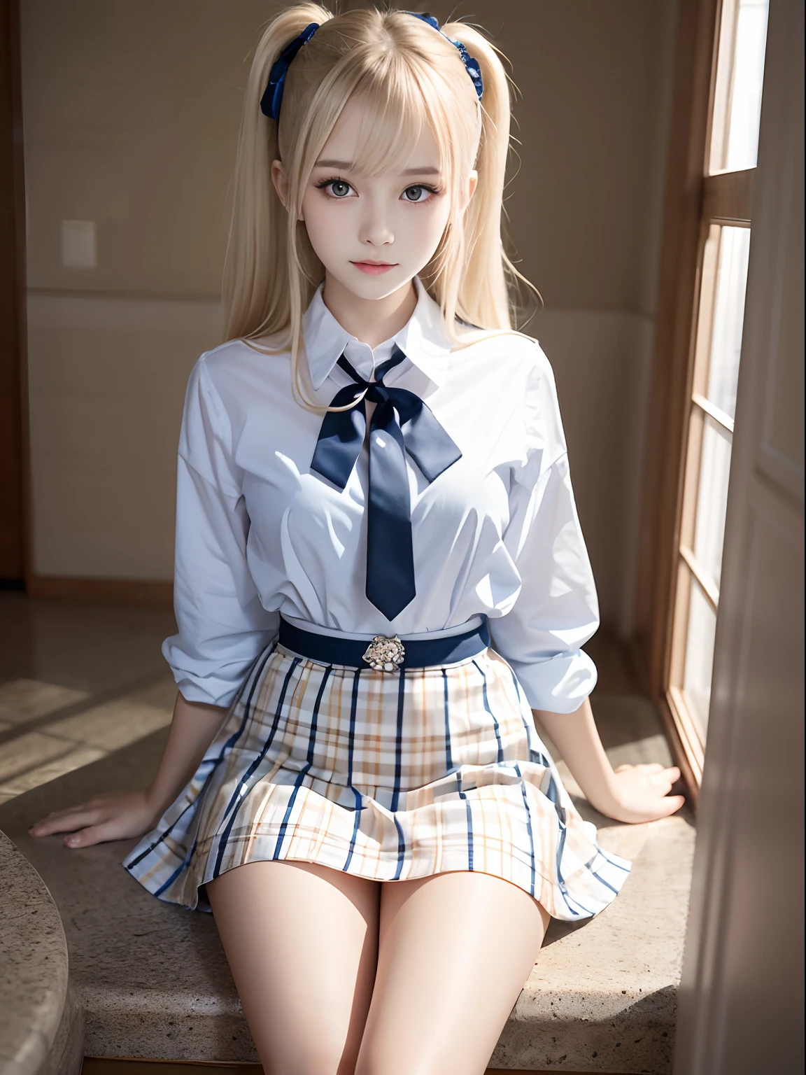 portlate、School Uniforms、bright expression、poneyTail、Young shiny shiny white shiny skin、Best Looks、Blonde reflected light、Platinum blonde hair with dazzling highlights、shiny light hair,、Super long silky straight hair、Beautiful bangs that shine、Glowing crystal clear attractive big blue eyes、Very beautiful nice cute 16 year old girl、Lush bust