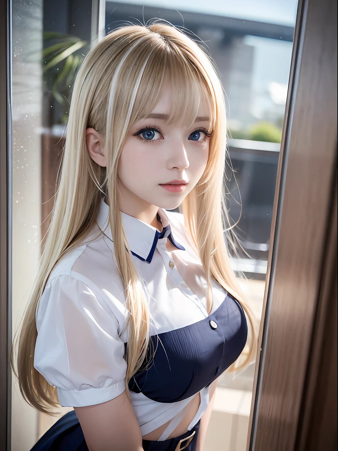 portlate、School Uniforms、bright expression、poneyTail、Young shiny shiny white shiny skin、Best Looks、Blonde reflected light、Platinum blonde hair with dazzling highlights、shiny light hair,、Super long silky straight hair、Beautiful bangs that shine、Glowing crystal clear attractive big blue eyes、Very beautiful nice cute 16 year old girl、Lush bust