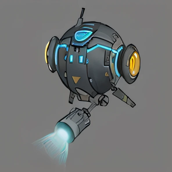 a close up of a robot with a light on its head, space ship gribble, cartoon fantasy spaceship, spaceship design, round robot, Laser cannon, laser turret, robot concept art, raytrace concept art, mechanized art concept, reaver drone, seapunk mecha, Machinary, Cyber Mech, mech body, Concept robot, cute elaborate epic robot