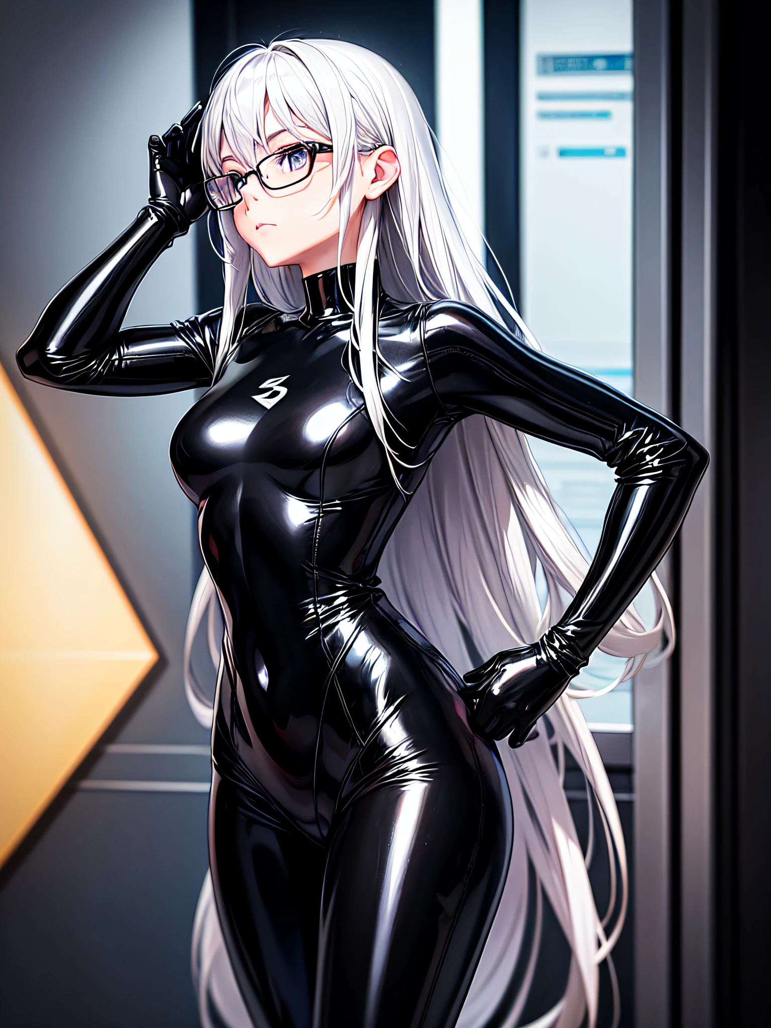 5 8K UHD、Silver-haired and small-nosed beauty in a black shiny black full-body rider suit wearing glasses is turning around with her back turned、Wearing a shiny black latex slider suit with hidden skin