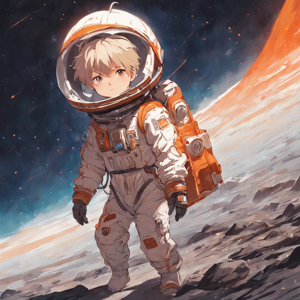 A stunning illustration of Artem, the young boy, standing on the moon's surface with a breathtaking backdrop of the Earth in the sky, its blues and whites gleaming with an otherworldly intensity, rendered in vibrant digital painting medium with meticulous texture and attention to detail. Aesthetically, the piece exudes a sense of wonder and childlike curiosity, with Artem's bright, wide eyes and determined stance evoking a sense of adventure. Warm, lunar hues of golden brown and creamy gray dominate the palette, with pops of electric blue and radiant white illuminating the scene. Best quality, ultra-high resolution.