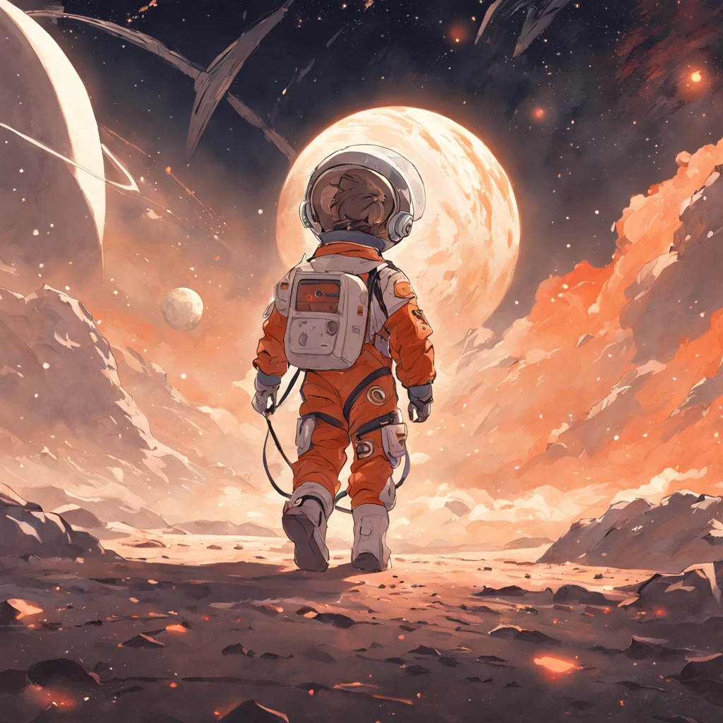 masterpiece,best quality, young boy walking on mars,spacesuit,3 moons,space, a dog friend,