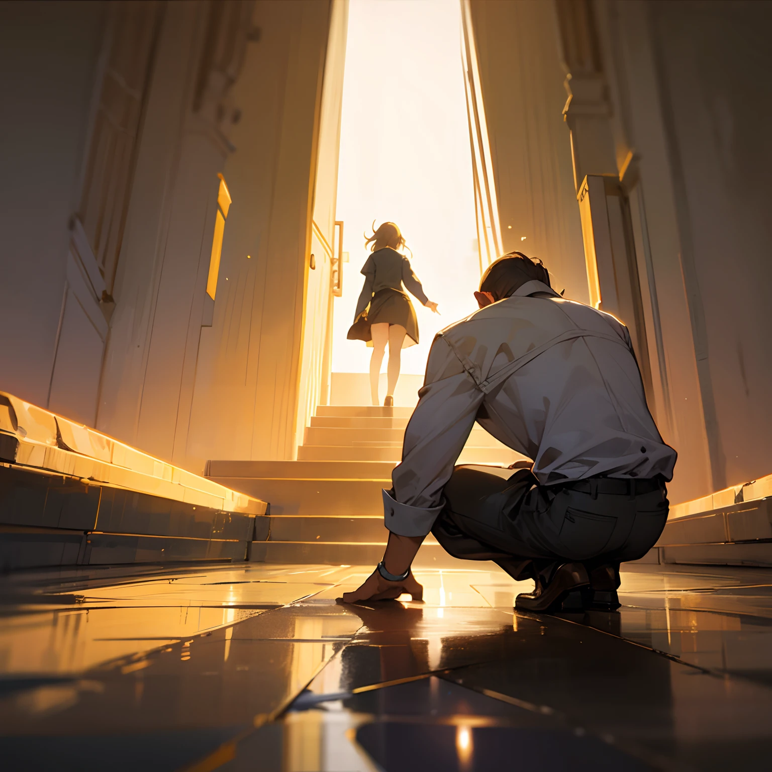 A man leaves towards the light leaving a girl on her knees