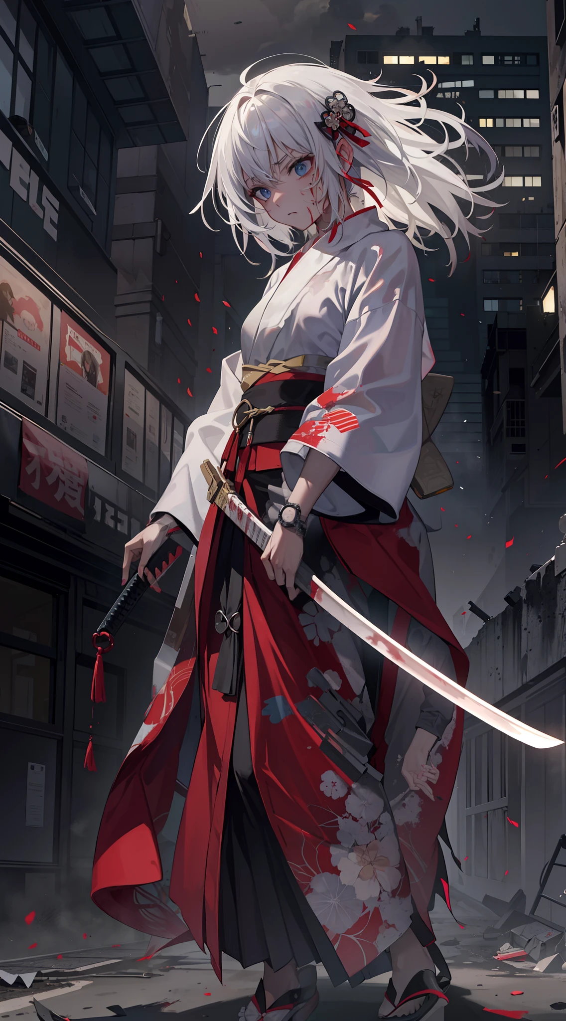 serious expression, killing instinct face, bloodstain on her face