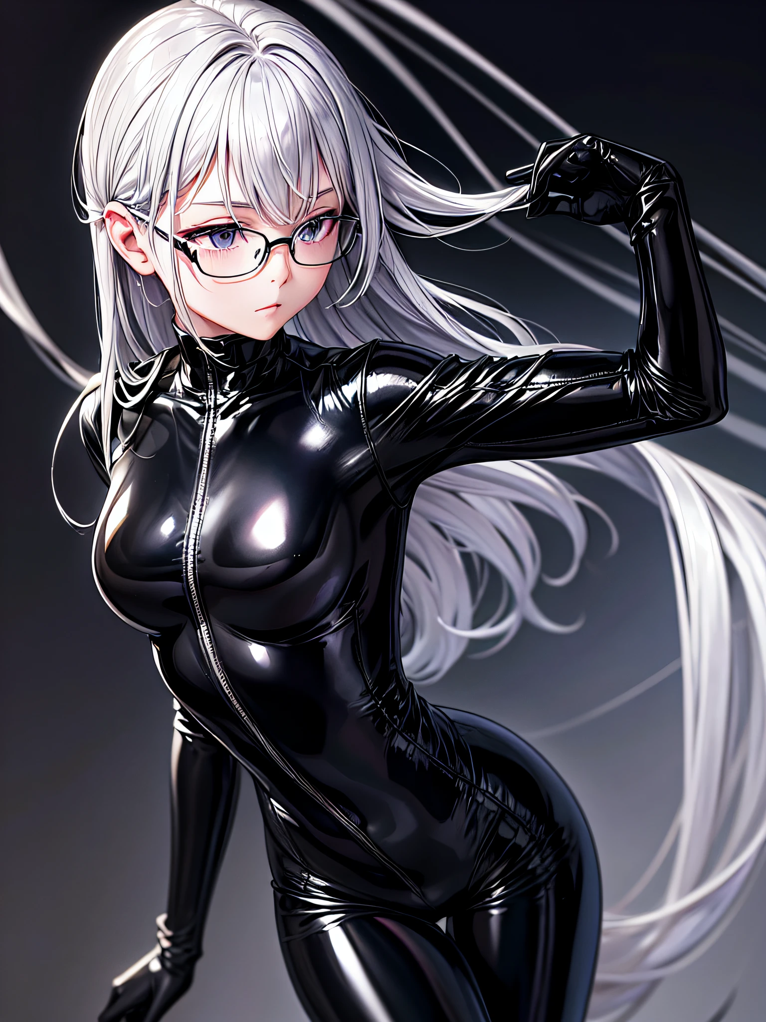 5 8K UHD、Silver-haired and small-nosed beauty in a black shiny black full-body rider suit wearing glasses is turning around with her back turned、Wearing a shiny black latex slider suit with hidden skin