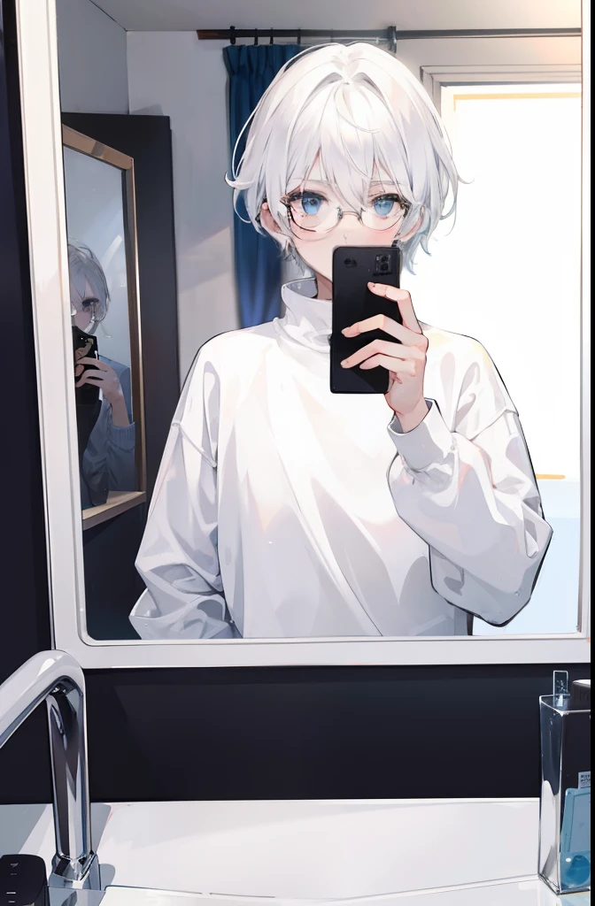 A boy with white hair, taking a picture of himself in a mirror, wearing a sweatshirt and glasses.