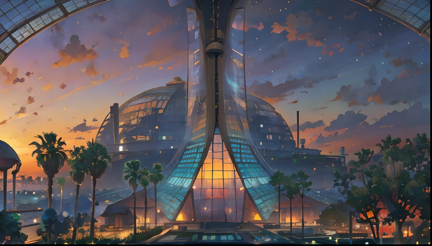 best quality, masterpiece, extremely detailed, detailed background, anime, 1girl, young girl, short girl, retro, city lansdscape, outdoors, sunset, beautiful sky, greenhouse, megastructure, bio-dome, landscape, scenery, horizon, rooftop, sitting on rooftop, wind, looking away, atmospheric lighting, solo focus, close up, from side, depth of field, bokeh