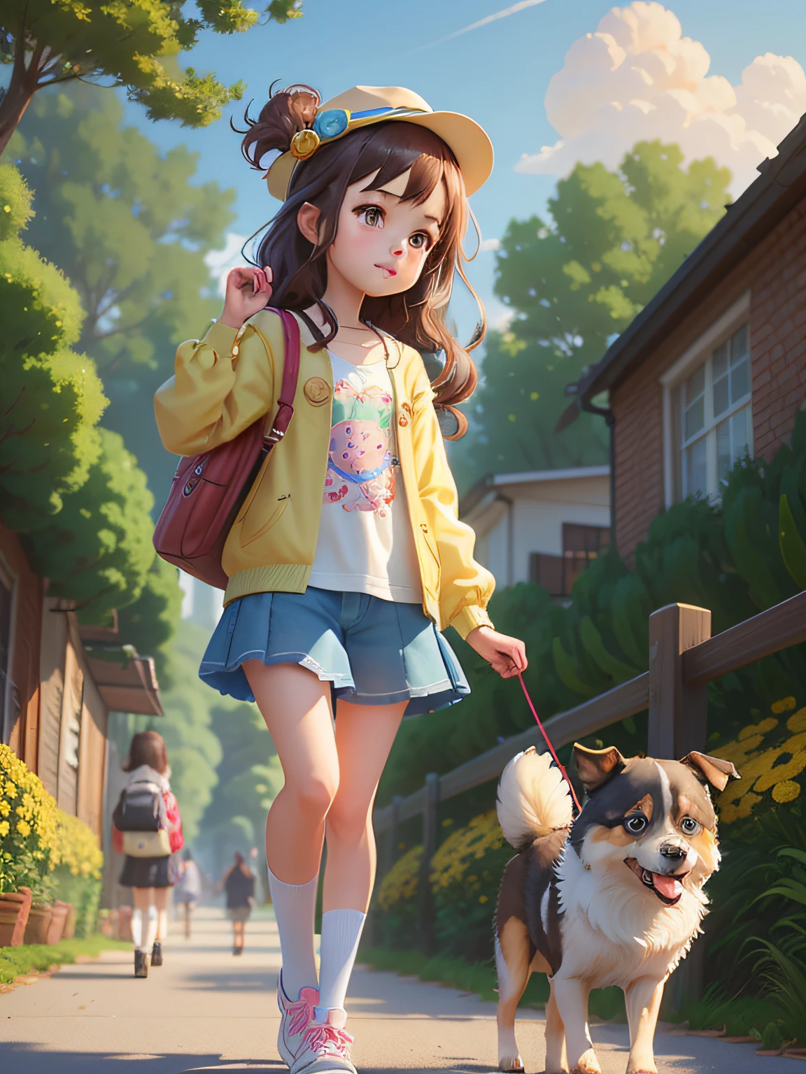 There was a girl and a dog walking down the road, lovely digital painting, Guviz-style artwork, Cute detailed digital art, adorable digital art, childrens art in artstation, by Yang J, lovely art style, cute detailed artwork, Realistic cute girl painting, By Li Song, Realistic anime 3 D style, By Leng Mei, Guviz