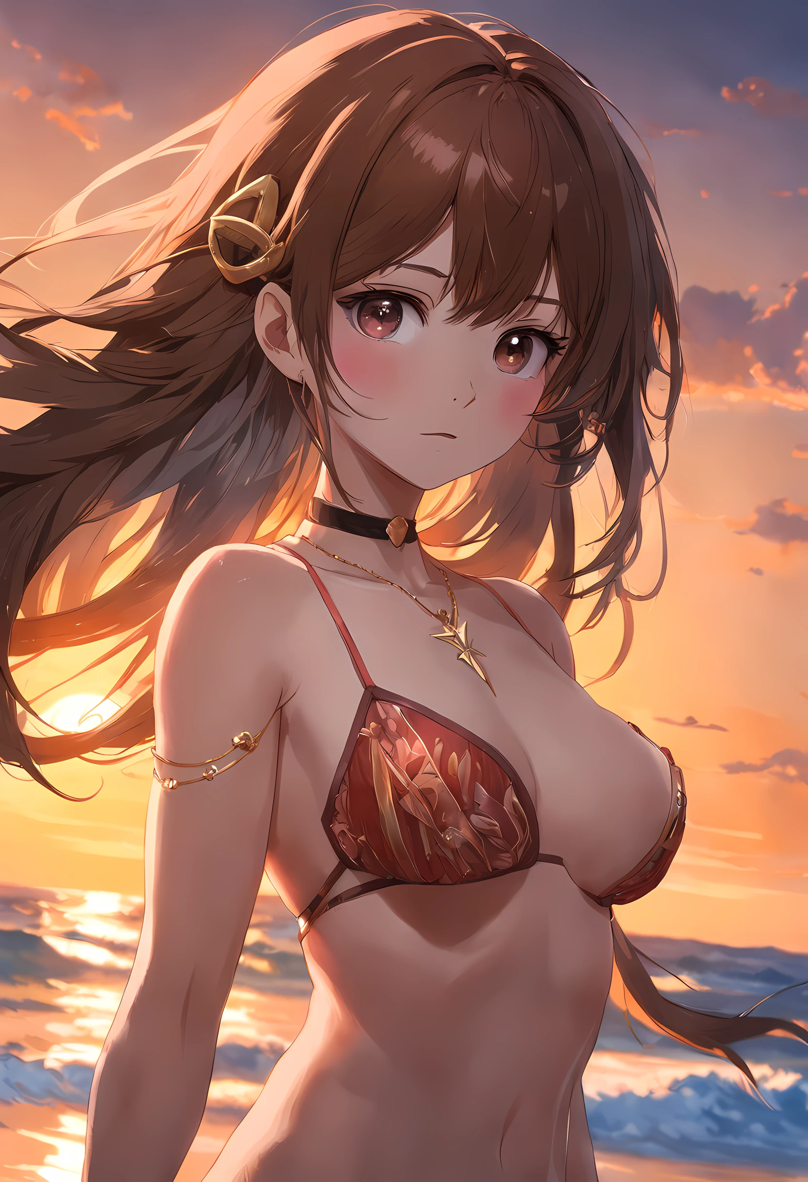8yk,raw photo,(masterpiece), (best quality), highres,(1girl),(realistic, photo-realistic:1.2),ultra detailed, physically-based rendering,necklace, earrings, air bangs, hair ornament,sunset, collarbone,wristband,navel,long hair,brown hair,ahoge,1girl,middle breasts,beach,wavy hair,thin,
