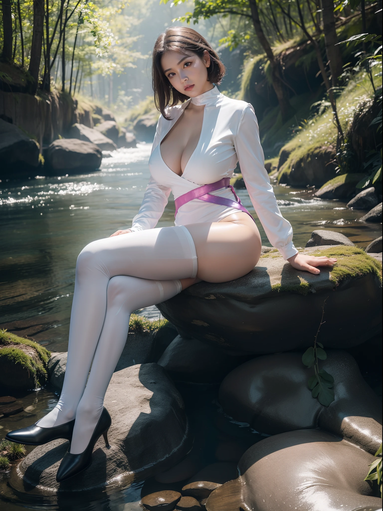 (full body:2),(1girl:1.3),(view the viewer:1.4),(anatomy correct:1.5),(Sitting by the creek,:1.35),(Polished Satin finish pantyhose:1.4),(A mature and sensual woman Wear printed fantasy soldiers SET and polished Uniform women's leather shoes :1.35),(A woman with large buttocks, breasts, and a slender waist:1.4), (Light particle effect:1.3),(In pink | amarelo | blue colors| green color |red color | white colors| black in color| purplish color| greys| Beige| Flesh color 1.4),(Glowing eyes:1.3),(Large amplitude action: 1.3),(Accurate and perfect face:1.4),hyper HD, Ray traching, reflective light,structurally correct, Award-Awarded, high detail, lighten shade contrast, Face lighting ,cinmatic lighting, masterpiece, super detailing, high quality, high detail, best quality, 16k,High contrast,