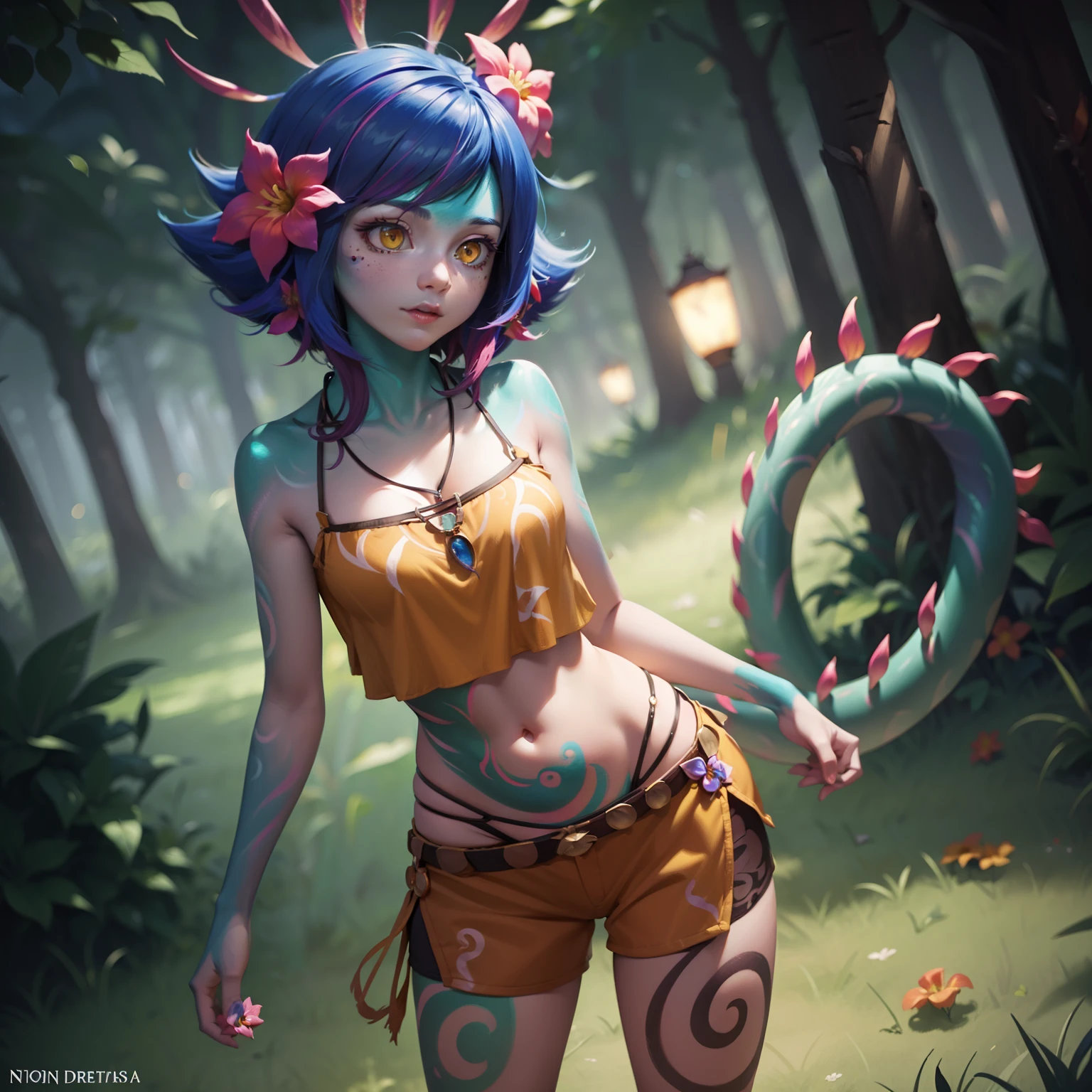 Neeko, 1girl, facial marks, hair ornaments, hair flower, necklace, brown shorts, crop top, multicolored skin, lizard tail, body paint, yellow eyes, cowboy shot, perfect anatomy