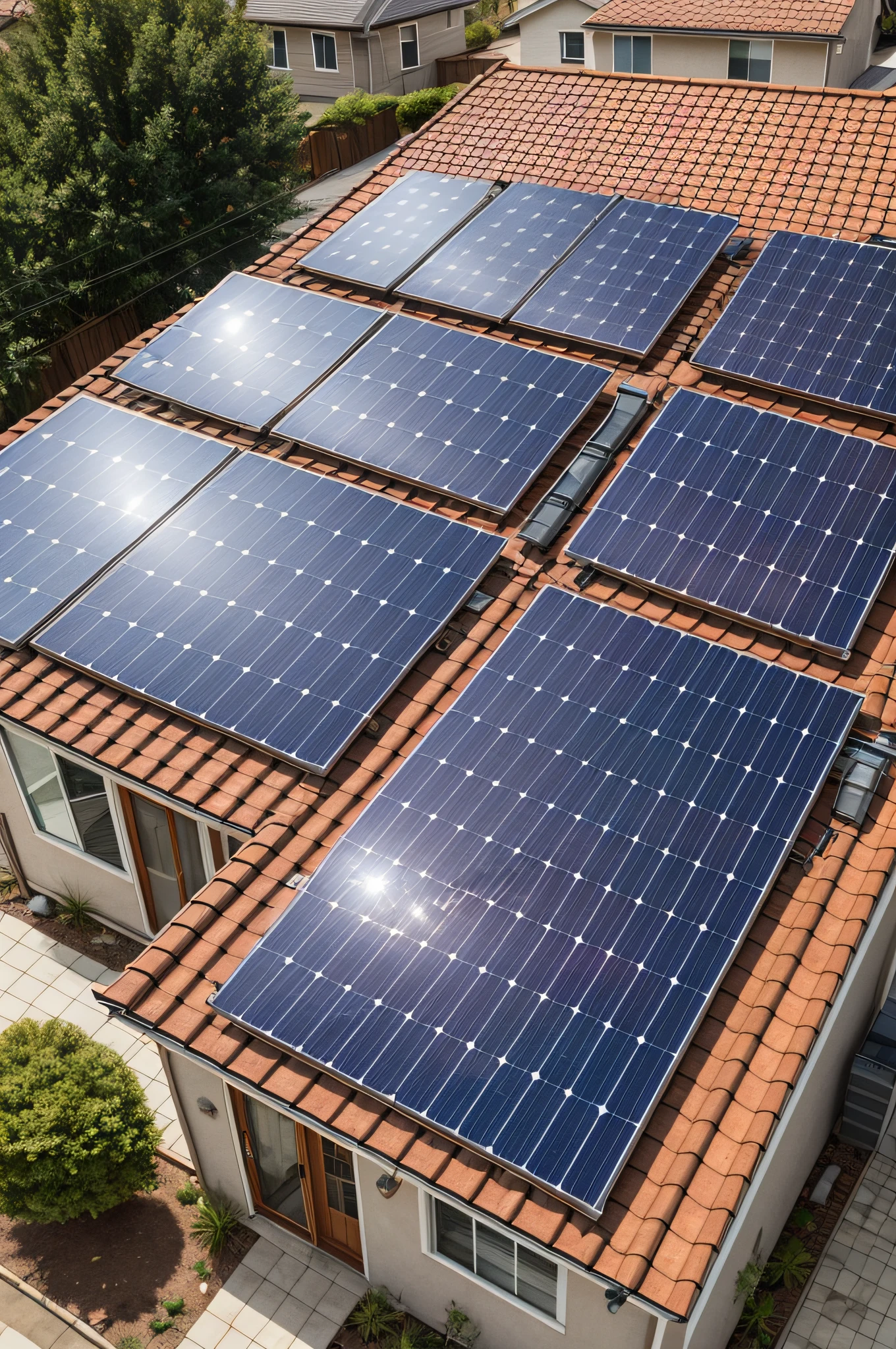 An illustration of solar photovoltaic panels installed on the roof of a modern suburban home, realistic photo-realistic style, showing a bright sunny day with clear blue skies, the roof lined with dark monocrystalline silicon solar panels in an organized array, with power lines connecting the panels to the house, some panels showing reflection of the trees and neighborhood, and energy beams coming off the panels to signify power generation, and a smiling family of four looking up at the roof in the yard, depicting solar energy powering their household