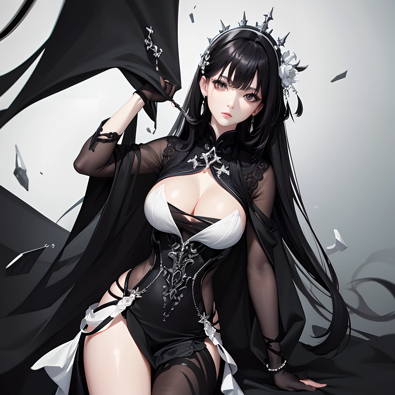 masterpiece、top-quality、hight resolution、High-quality images、8K、1womanl、detaileds、Detailed eye depiction、skin gloss、Lustrous black hair、Monochrome grayscale、Lisa、portlate、breezing