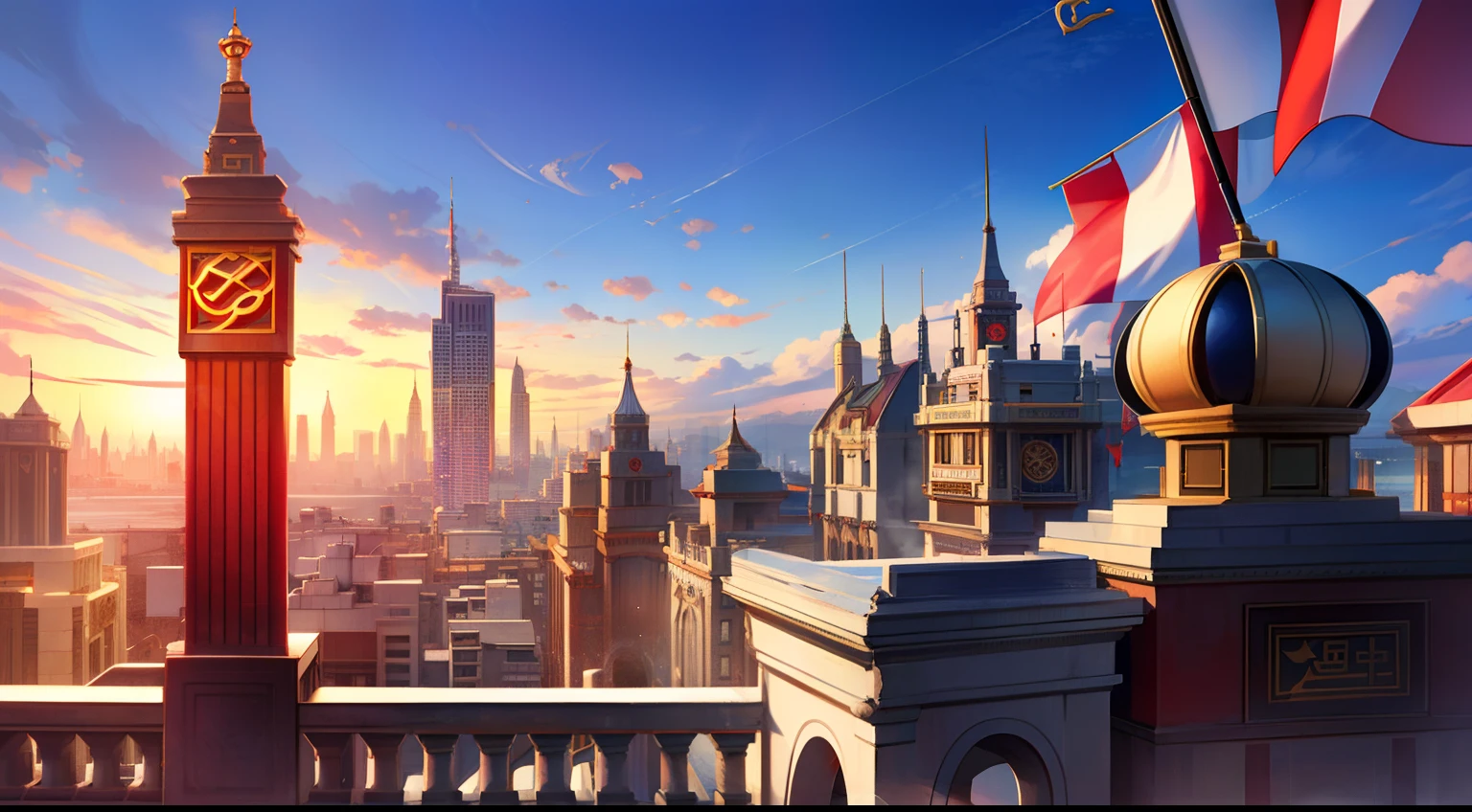 (Cinematic quality)，(Complicated details)，(Sundial Empire)，(Red Alert 3 Shenzhou Empire)，A bustling capital，Spectacular city，The flag is raised，future era，