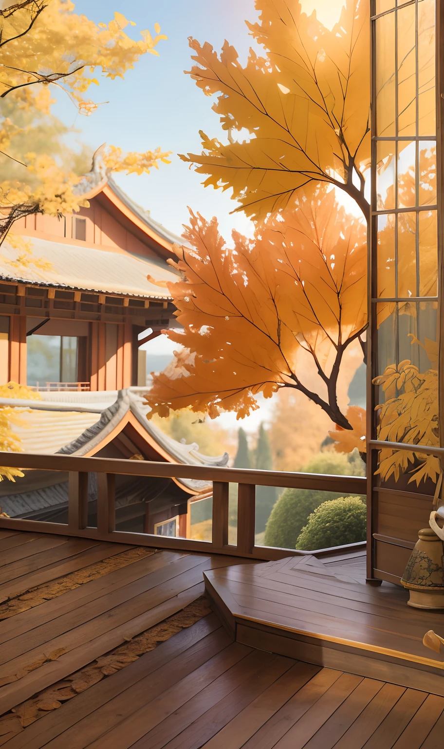 Real-world scenarios， Chinese Afang Palace，autumnal，ornate decoration，gardens， Wonderland，Exotic beasts， surrounded by cloud，Homem-Imponente，wooden floor，Colorful light， , tmasterpiece, high high quality, Exquisite graphics, high detal