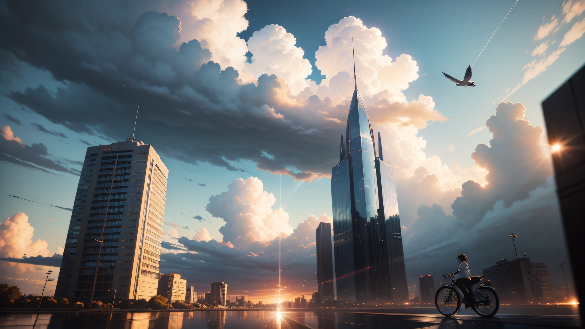 (absurderes,Hyper-Resolution,Masterpiece,Best quality,finely detailed,absurderes:1.2), Dramaticlight, dramatic lighting, Cinematic, Anime landscapes, Makoto Shinkai, Guibli, Fantasy world, magical, Beautiful sky, Clouds, Building, bikes, Aircraft trajectory, Birds, Dramatic lighting, Cinematic lighting, the night, Warm sun, street, Depth of field, Lens flare, Realistic sky, realistic cloud, Detailed background, Ultra photo realsisim, Super detail