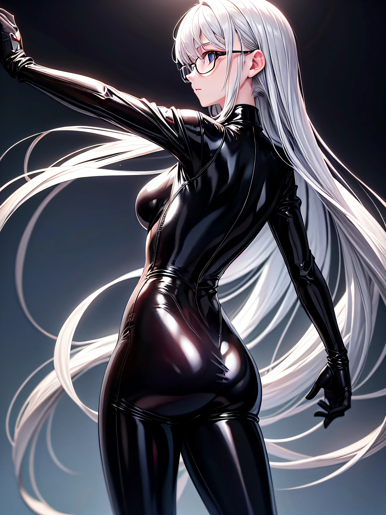 5 8K UHD、Silver-haired and small-nosed beauty in a black shiny black full-body rider suit wearing glasses is turning around with her back turned、Wearing a shiny black latex slider suit with hidden skin