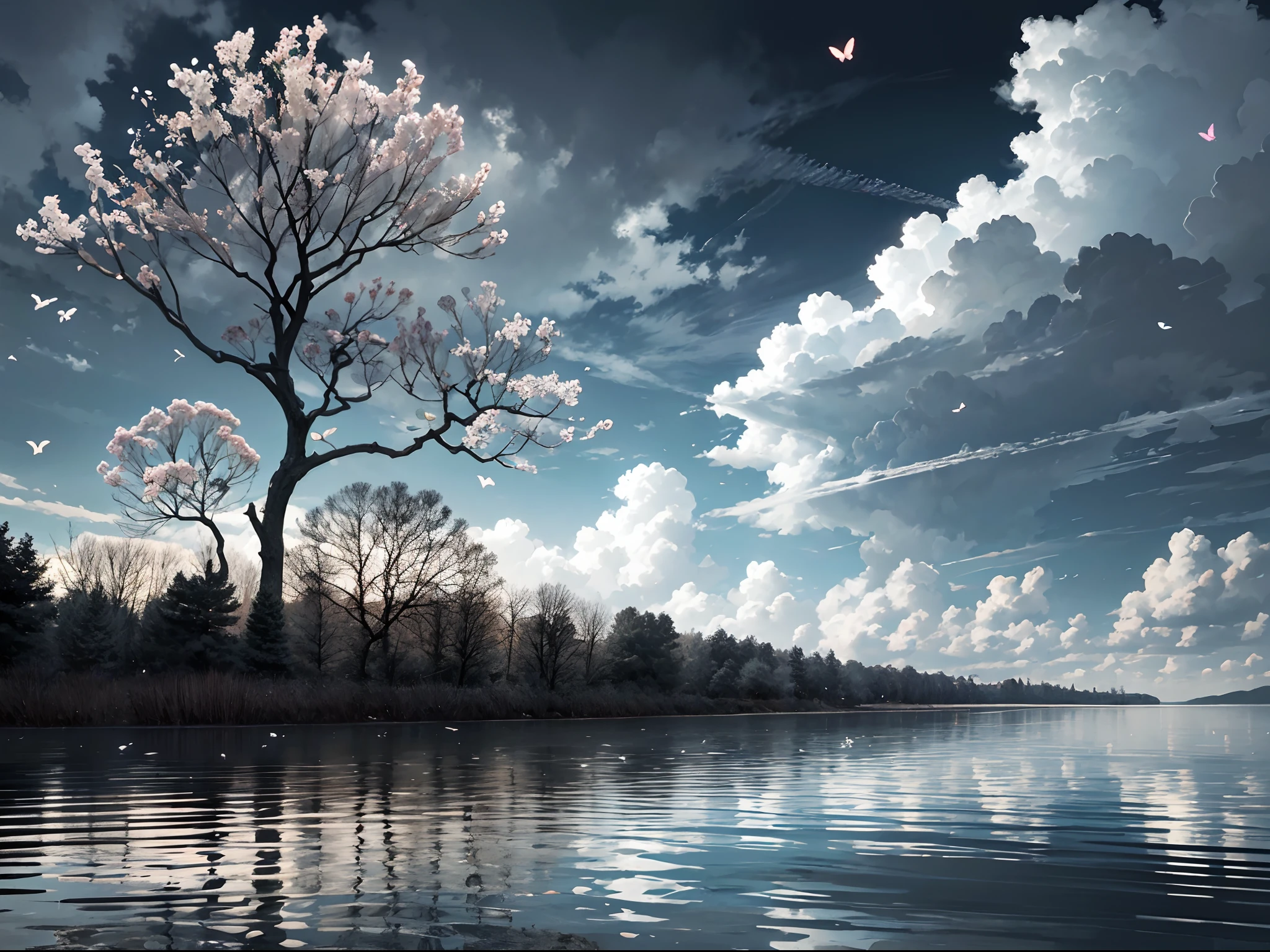 (Mono Color:0.9),(a color:1.1),(tmasterpiece:1,2), best qualtiy, tmasterpiece, High- sharpness, Original, extremelydetailedwallpaper,From the picture, We can see the trees on the shore towering into the clouds,The branches are full of flowers,Flocks of butterflies dance among the flowers,In this garden-like world,It looks even more beautiful and sacred,cinema shot
