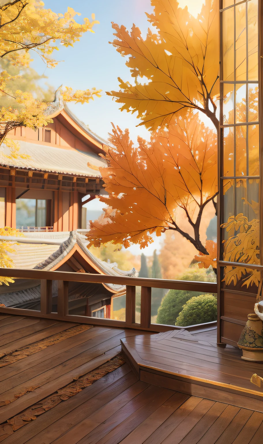 Real-world scenarios, Chinese Afang Palace,autumnal,ornate decoration,gardens, Wonderland,Exotic beasts, surrounded by cloud,Homem-Imponente,wooden floor,Colorful light, , tmasterpiece, high high quality, Exquisite graphics, high detal