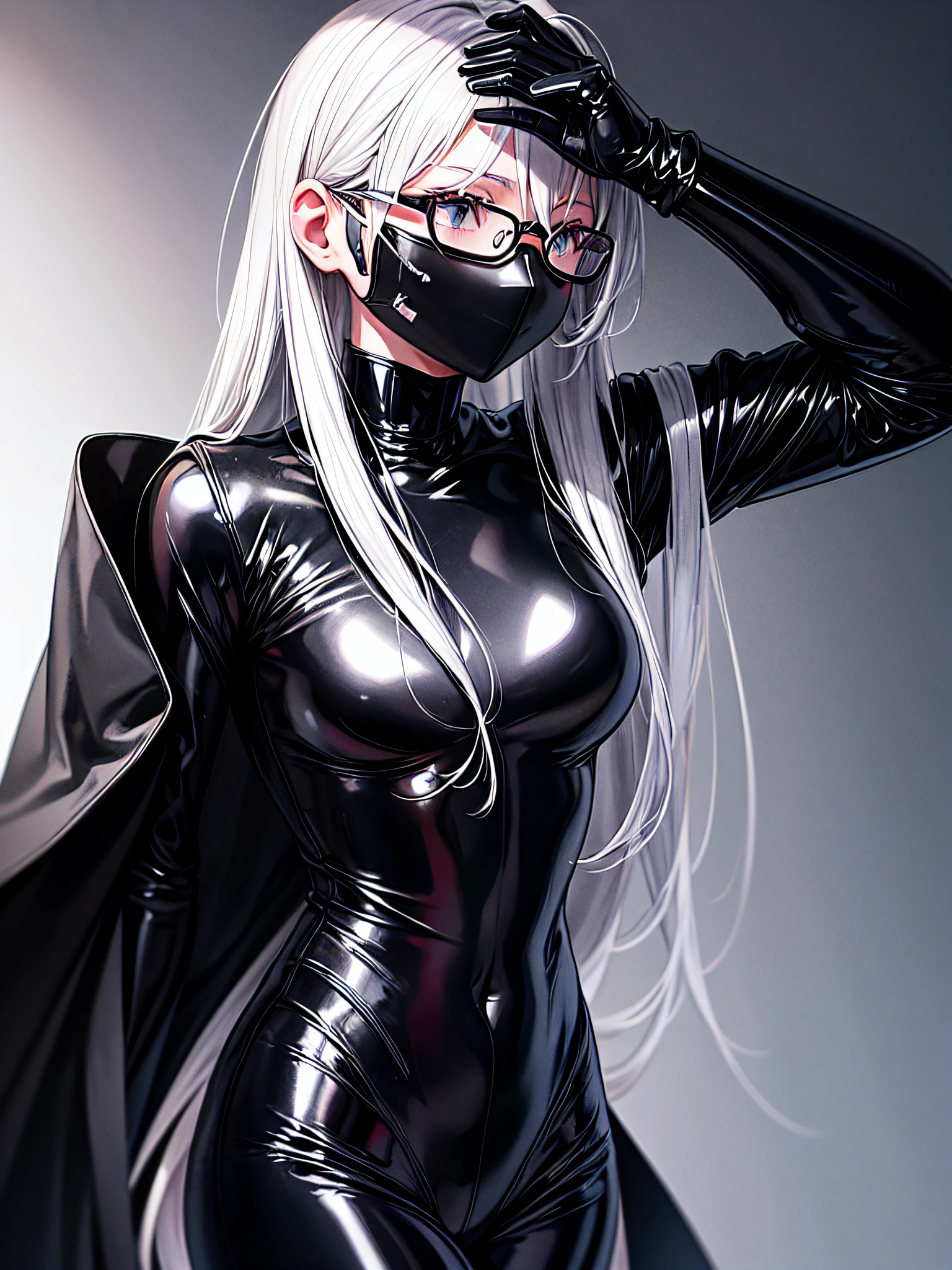 5 8K UHD、Silver-haired and small-nosed beauty in a black shiny black full-body rider suit wearing glasses is turning around with her back turned、Wearing a shiny black latex slider suit with hidden skin
