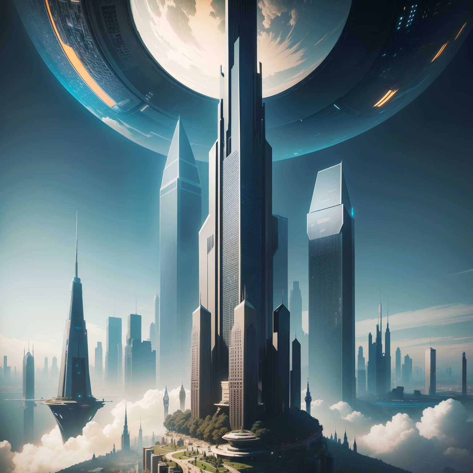 Skyscrapers　cyberpunked　epcot　top-quality　​masterpiece　超A high resolution　Skyscrapers towering above the ground　Sci-Fi Art　Huge castle