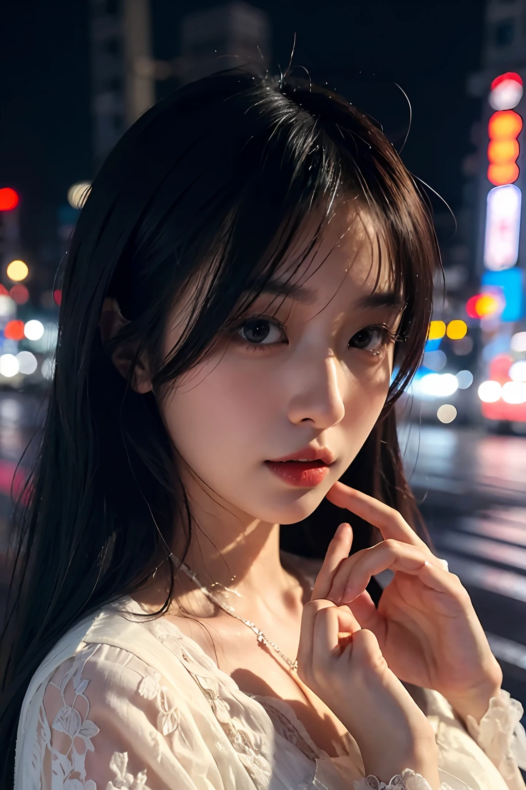 asian girl, wearing with thin white lace, Tokyo street,night, cityscape,city lights, upper body,close-up, 8k, RAW photo, best quality, masterpiece,realistic, photo-realistic,