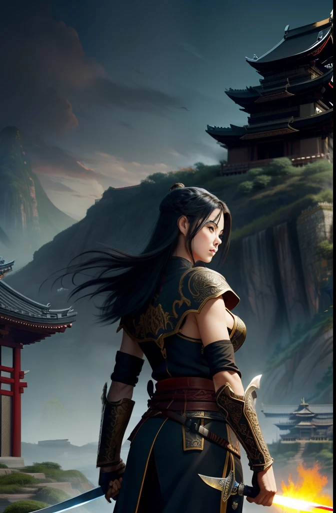 A big sister in animal skin，black color hair，A close-up of a strong body holding an iron sword with a metal blade, big sword, huge oversized sword, realistic lance, sword design, Huge sword, Rod arm sword, orkish sword, war blade weapon, intricate fantasy spear, POLEARM, Fantasy Scythe, extremely sharply detailed, raytraced blade, The sword, blade design, Giant sword，Stand in the Aalfid view of a Chinese castle with gates and paths, background artwork, background fortress, G Liulian art style, ancient city landscape, arte de fundo, fortress gateway, background depicting a temple, feudal japanese setting, Temple background, ancient city of white stone, cyberpunk chinese ancient castle, castle wall, traditional japanese concept art