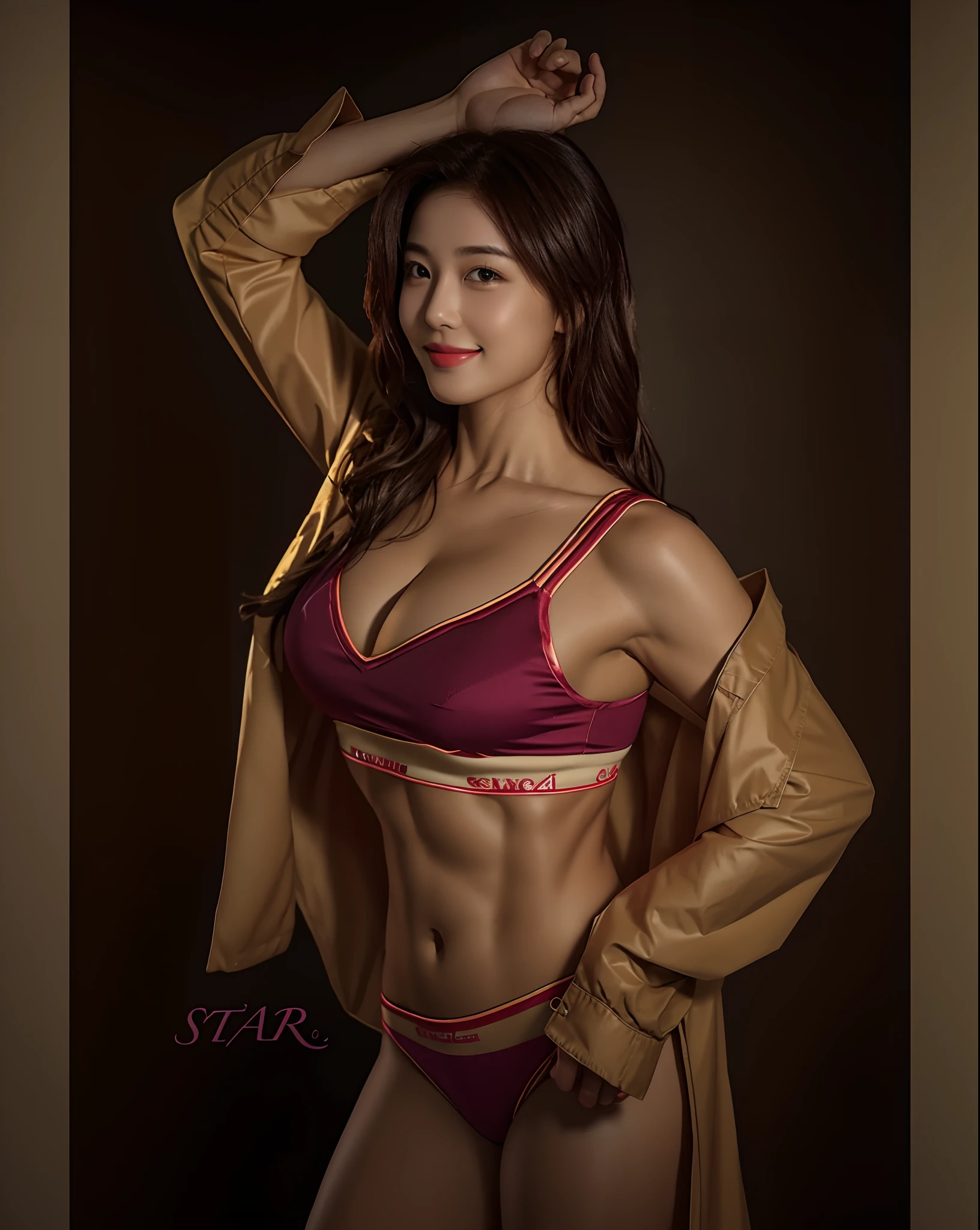 A plump chest,There are abs,There are muscles,seduct smile,8K,Fitness beauty femininity