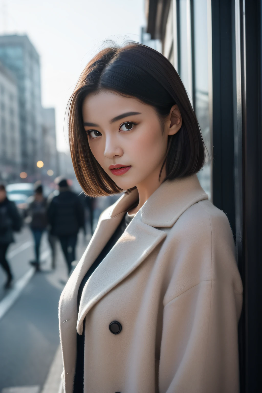 (masterpiece、high-level image quality、high-level image quality)、(Woman with good looks、Slim body)、(Nihilistic Cool Fighter),A noisy city in a big city、sad、Early winter、Stand up good、Model actress-class appearance、I will not succumb to evil、