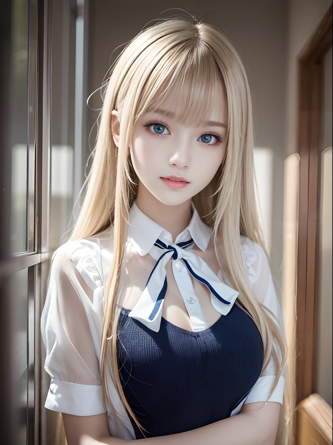 portlate、School Uniforms、bright expression、Young shiny shiny white shiny skin、Best Looks、Blonde reflected light、Platinum blonde hair with dazzling highlights、shiny light hair,、Super long silky straight hair、Beautiful bangs that shine、Glowing crystal clear attractive big blue eyes、Very beautiful nice cute  girl、Lush bust、