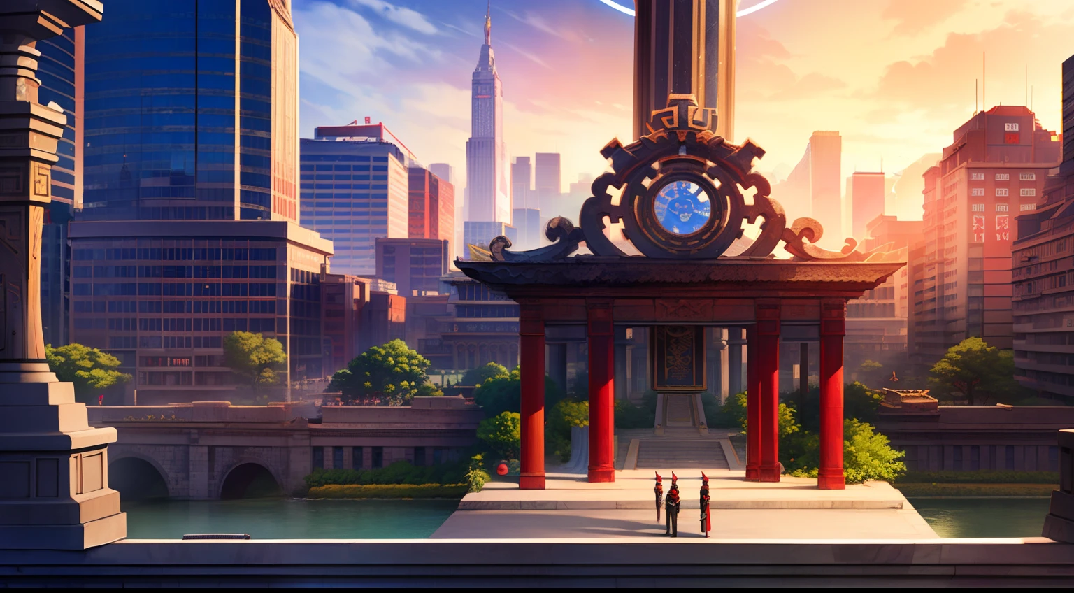 (Cinematic quality)，(Complicated details)，(The Divine Island Empire in the sundial)，(Red Alert 3 Shenzhou Empire)，A bustling capital，Spectacular city，The flag is raised，future era，