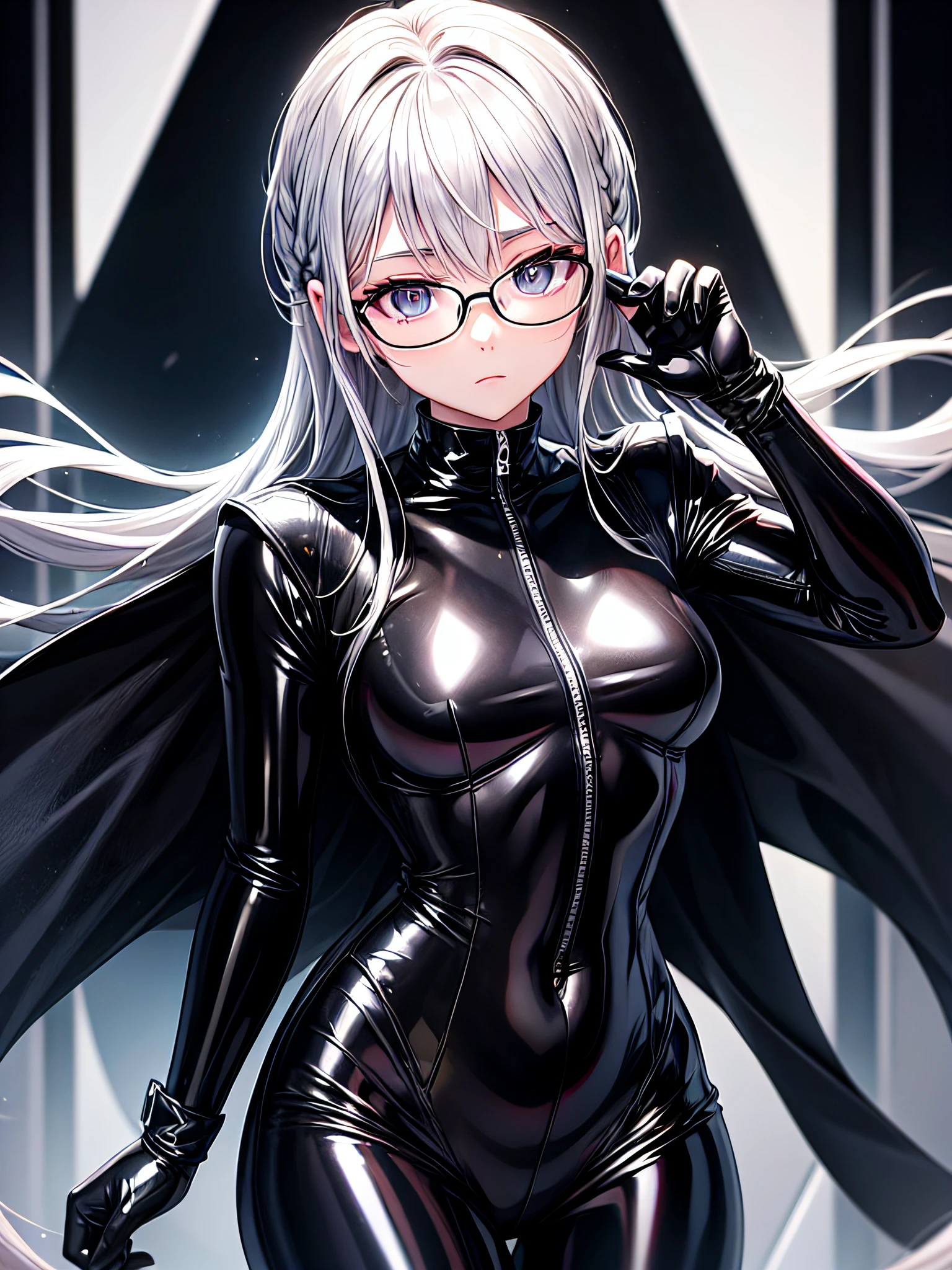 Top quality 8K UHD、short hair、pieces fly、cute eyes、silver hair、glasses uskul、Musculoskeletal system々、Upper body、Full body gloss、Beautiful woman wearing a full-body black metallic suit、A black rubber suit that hides your lustrous skin