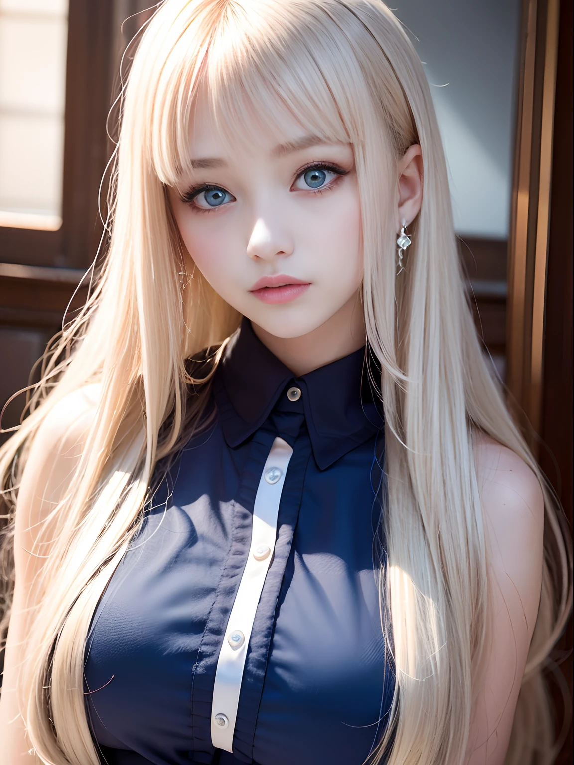 portlate、School Uniforms、bright expression、Young shiny shiny white shiny skin、Best Looks、Blonde reflected light、Platinum blonde hair with dazzling highlights、shiny light hair,、Super long silky straight hair、Beautiful bangs that shine、Glowing crystal clear attractive big blue eyes、Very beautiful nice cute 16 year old girl、Lush bust、
