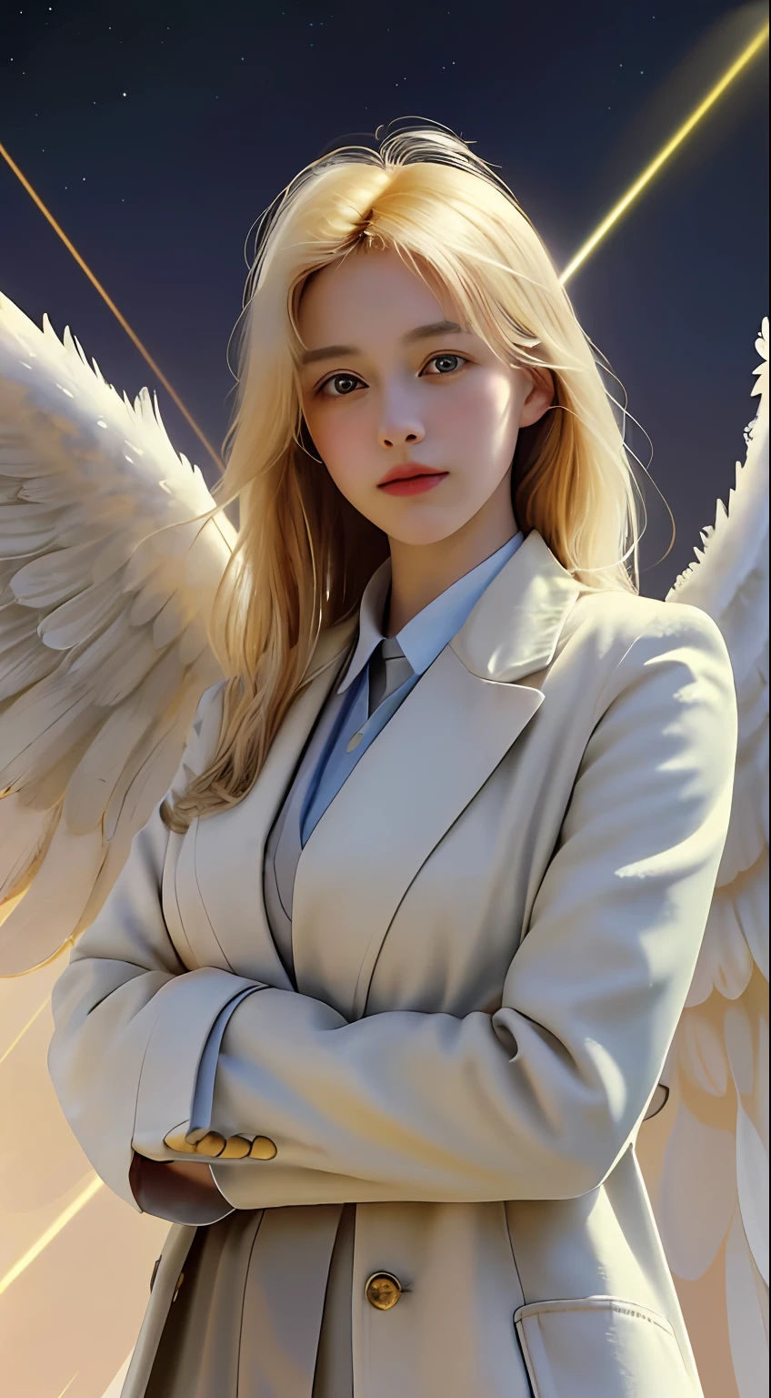 (((Holy Guardian Angel. 19 years old))) (((Vintage vintage image))) ((( A serious and reverent face. Has a sweet and gentle appearance))) (tmasterpiece, SuperiorQuality, Better quality, offcial art, Beautiful and aesthetic: 1.2), (1girll), extremely detaile, (s fractal art: 1.3), coloring, highest details, s the perfect face, The upper part of the body, hdr, (DOA: 1.3), (Gold lines in a white coat: 1.2), galaxias, (Light stripes), striking visual effects, (dynamic streaks, luminous trails: 1.2), vivd colour,