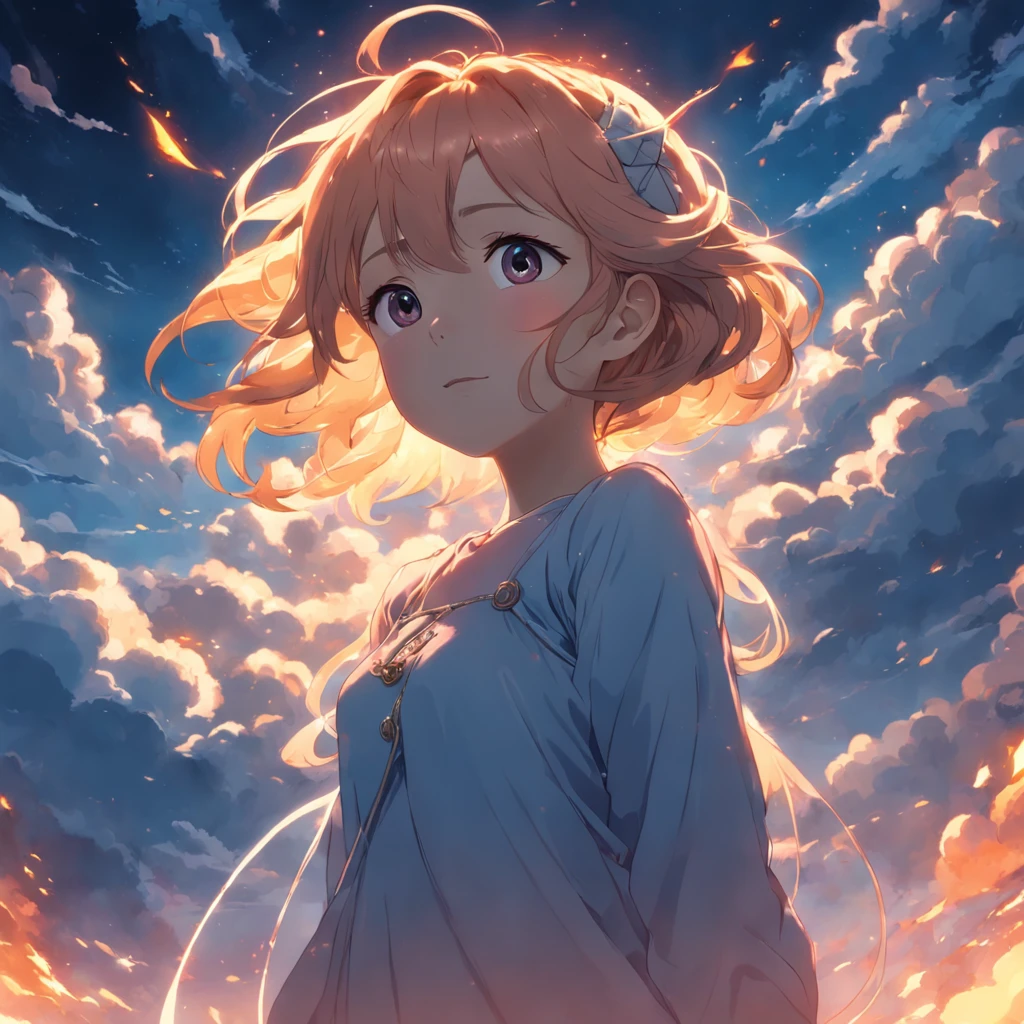 masterpiece, best quality, movie still, 1girl, cloud girl, floating in the sky, close-up, bright, happy, warm soft lighting, sunset, (sparks:0.7)