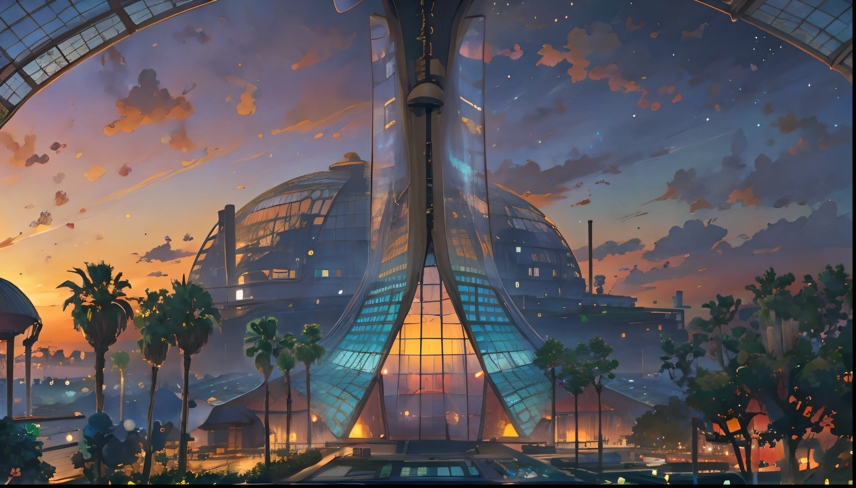 best quality, masterpiece, extremely detailed, detailed background, anime, 1girl, young girl, short girl, retro, city lansdscape, outdoors, sunset, beautiful sky, greenhouse, megastructure, bio-dome, landscape, scenery, horizon, rooftop, sitting on rooftop, wind, looking away, atmospheric lighting, solo focus, close up, from side, depth of field, bokeh