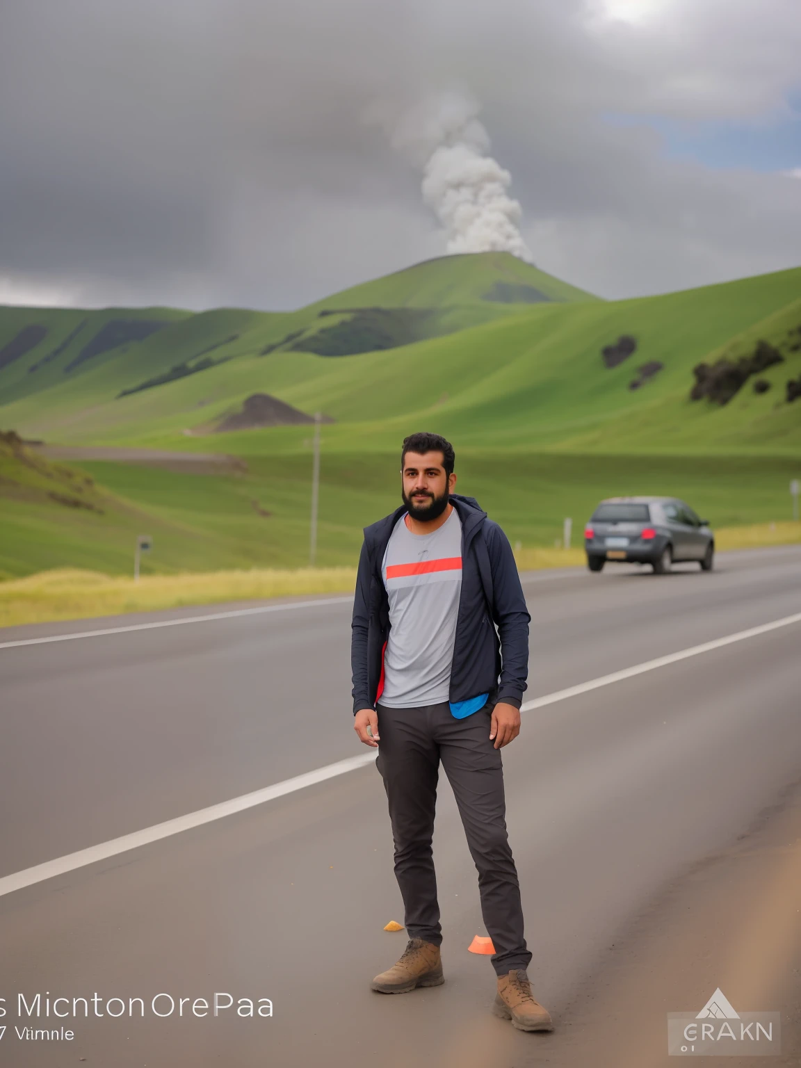 there is a man standing on the side of the road, at a volcano, in a volcano, with a volcano in the background, standing close to volcano, in volcano, hills in the background, standing in road, on a road, wearing dirty travelling clothes, with mountains in the background, real life photo of a syrian man, volcano in the background