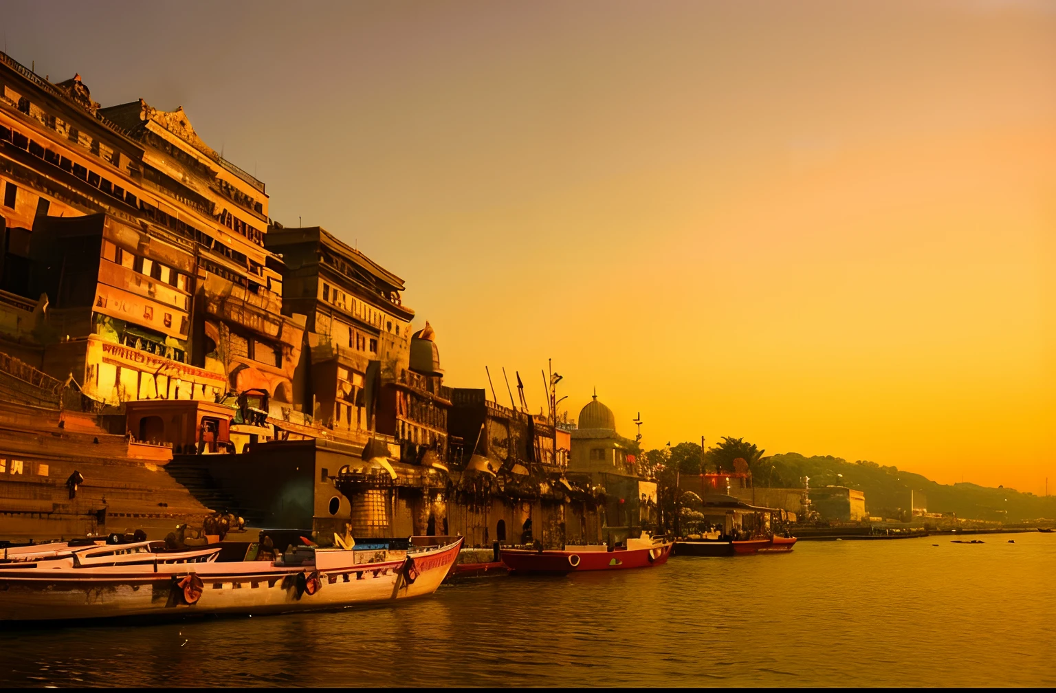 boats are docked on the river bank in front of a city, india, mesmerising, stunning visual, wondrous, picturesque, indian temple, calcutta, ancient india, city of pristine colors, in a city with a rich history, highly stylized, vibrant scene, very extremely beautiful, bathed in golden light, a beautiful, stylish, beautiful city