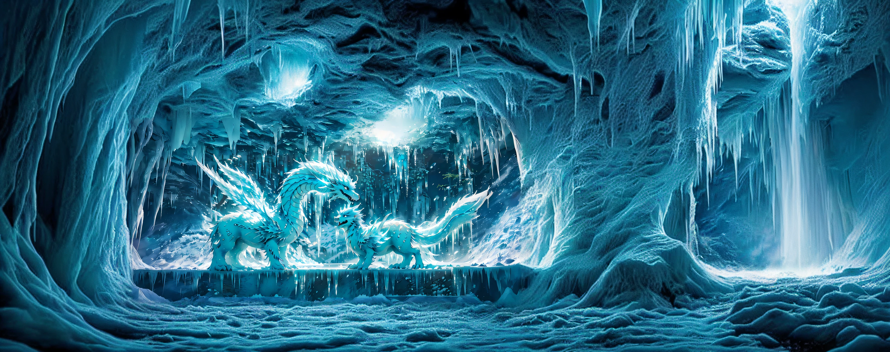 In front of the waterfall stand two white animals, Frost Dragon, Ice and fire, in an icy cavern, queen of ice and storm, Crystal Dragon, cyan chinese dragon fantasy, fractal thunder dan mumford, crystalized scales, vast ice dungeon, fire and ice, water dragon, Theme :《Icewind Dale》, Master of Ice