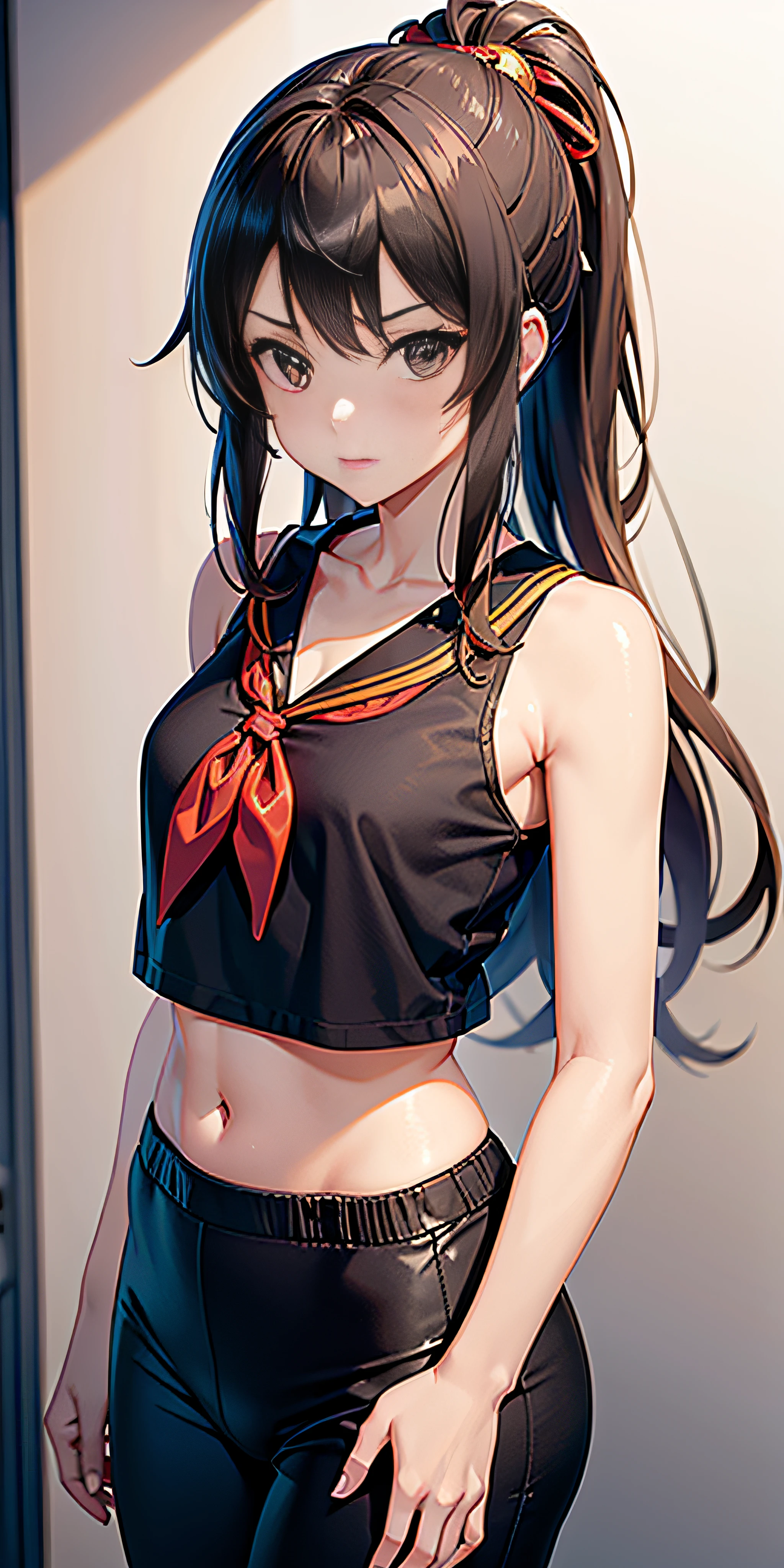 (anime, solo 1 mujer), hiper detalles, todo el cuerpo espalda vista lejana, Sohara 3D Render Mitsuki is a 20-year-old anime woman with brown hair tied back with a red ribbon. Sus ojos son del mismo color que su cabello, (Ella lleva una camiseta blanca ajustada de micro tubo desabrochada), desvestida si acaso (mini tanga medio puesta), mini Lycra azul claro ajustado, Sus medidas son: Altura: 158 cm, Peso: 49 kg 92 59 90. Dynamic back posture, cara coqueta, arte, Japanese-style wall background ,,Megumin, kono subarashii sekai ni shukufuku wo!,pandballgt, 1girl, ojos negros, cabello negro, pelo corto, orange neckerchief, pants, guantes sin dedos, camisa roja, Recortar arriba, girl woman