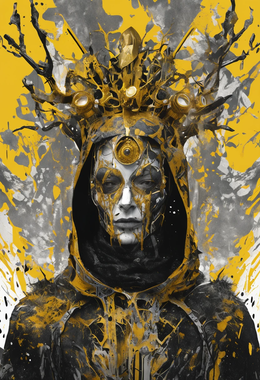 1man, good shape, a surreal paint splatter painting of the kinginyellow wearing a cloak and a mask, antlers, crown, cosmic background, gold and white and black color scheme, a bad woman in a futuristic suit with a ((skeleton head)) ((which disintegrates)), cybernetic, cyberpunk art, computer art, detailed eyes, (highly detailed skin:1.2), (realistic lighting:1.1), (realistic shadows:1.1), ((best quality)), (detailed), 8k uhd